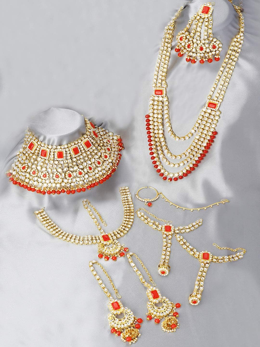 Aheli Traditional Wedding Indian Bharatanatyam jewellery set Long Choker Necklace Earrings Maang Tikka Nath Paasa Hath Phool Gift for Women - Image 5