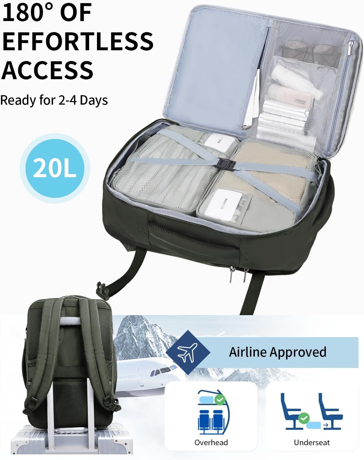 ECOHUB 17" Small Unisex Travel Backpack United Airlines Approved 17x10x9 Friendly Suitcase Anti-Theft Lockable Zippers Style Personal Item Bag Travel Essentials with 12 Pockets Water Resistant, Green