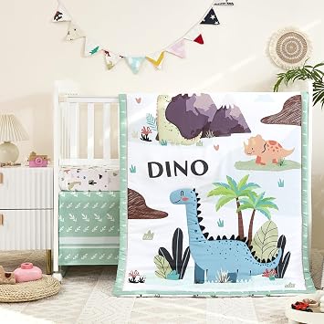 3-Piece Crib Bedding Set for Boys Girls - Ultra Soft & Skin Friendly Baby Bedding Set Includes Crib Comforter, Sheet & Crib Skirt Dinosaur