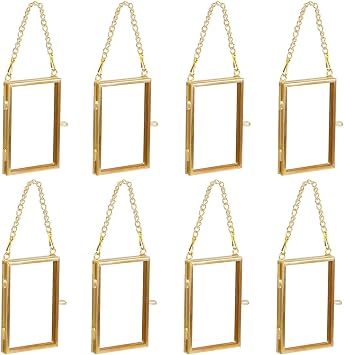 8PCS Glass Frame for Pressed Flowers, 2x3 Inch Mini Brass Hanging Photo Frame Double Glass Frame with Chain DIY Vintage Home DecorGold, Vertical