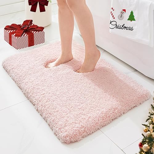 ILANGO Alfombra de baño rosa de Navidad de 24 x 17 pulgadas, antideslizante y súper absorbente, extra gruesa, suave, lavable para el suelo, alfombra