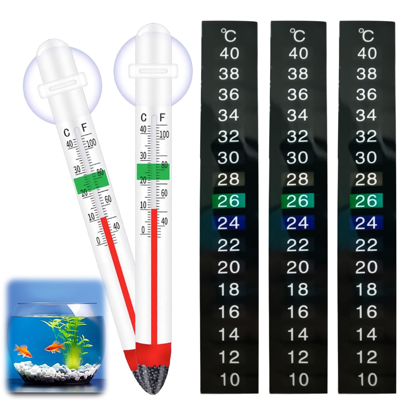 2 Pièces Thermomètre Aquarium et 3 Pièces Thermomètre Aquarium Autocollant, Mesure Précise et Affichage Clair, Adapté aux Tortues, Poissons