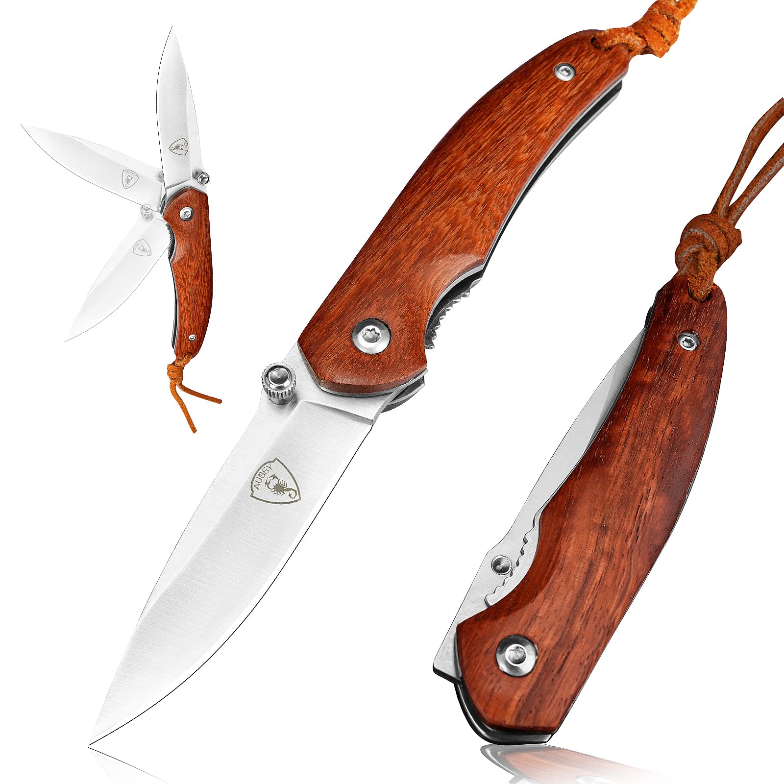 AUBEY Taschenmesser Klein, Scharfes Klappmesser Mini Messer mit 440 Stahl Klinge, Holzgriff, Liner Lock - EDC Messer Pocket Knife für Outdoor Survival Jagd Angeln Geschenk Sammeln