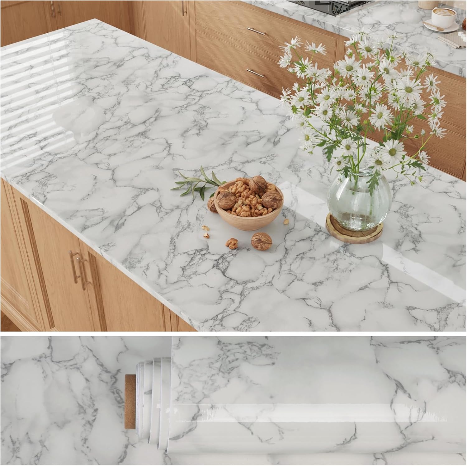 VEELIKE Glossy White Grey Marble Contact Paper for Countertops Peel and Stick Waterproof Countertop Contact Paper 15.7''x118'' Marble Wallpaper Self Adhesive Vinyl Counter Top for Kitchen Bathroom