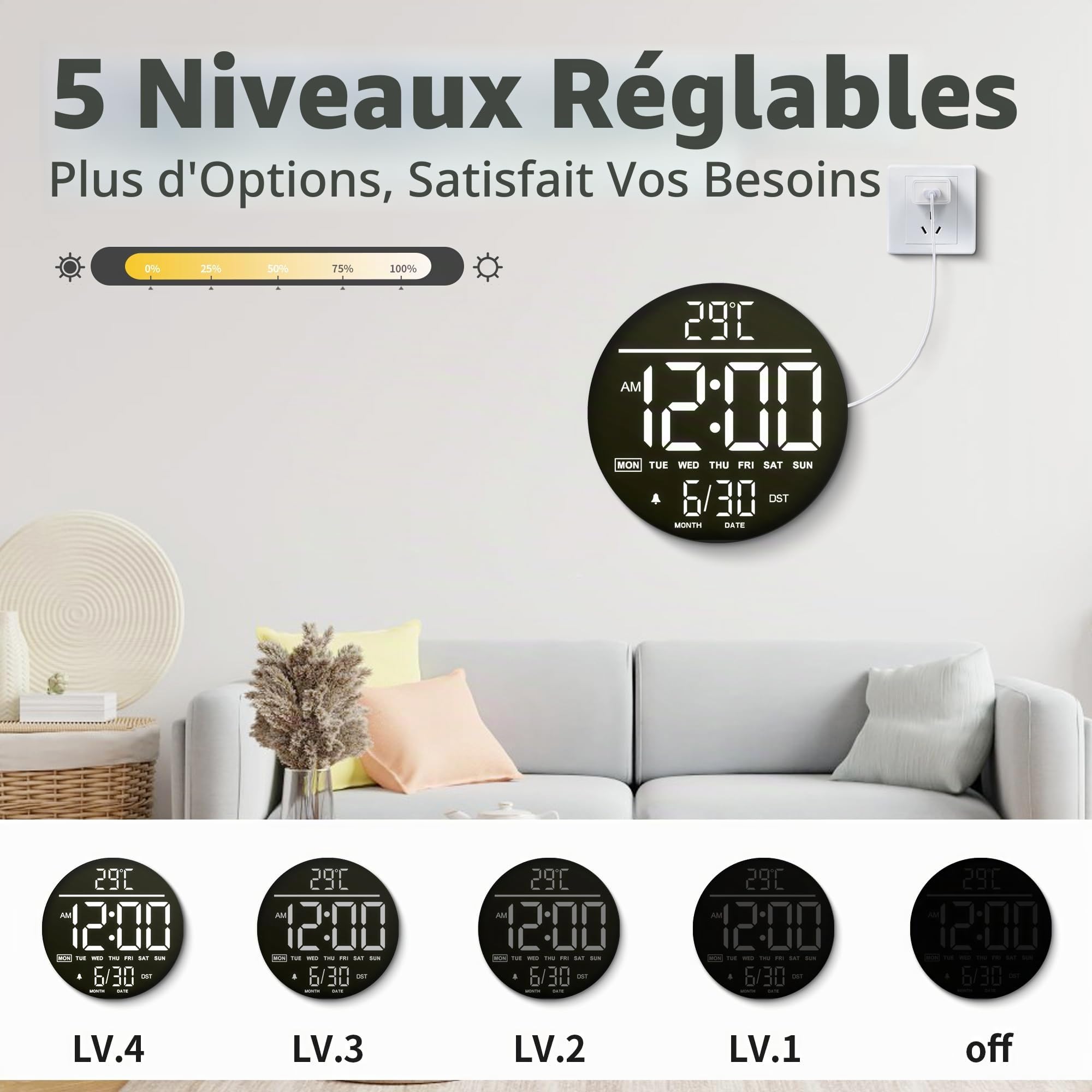 Horloge Murale Numérique 10" avec Veilleuse, Alarme, Télécommande, 11 Couleurs RGB, Luminosité Auto, Température, Date et Jour, Horloge Murale LED Électrique Moderne pour Chambre et Salon