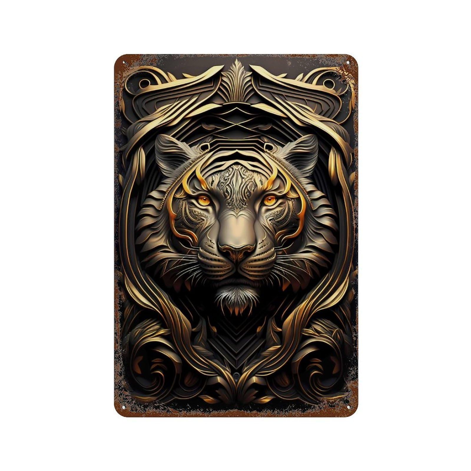 Epic Tiger Golden Art Deco Rust Effect Tin Sign 11.8"x7.9", Vintage Wall Decor for Pub, Kitchen And Man Cave Decor