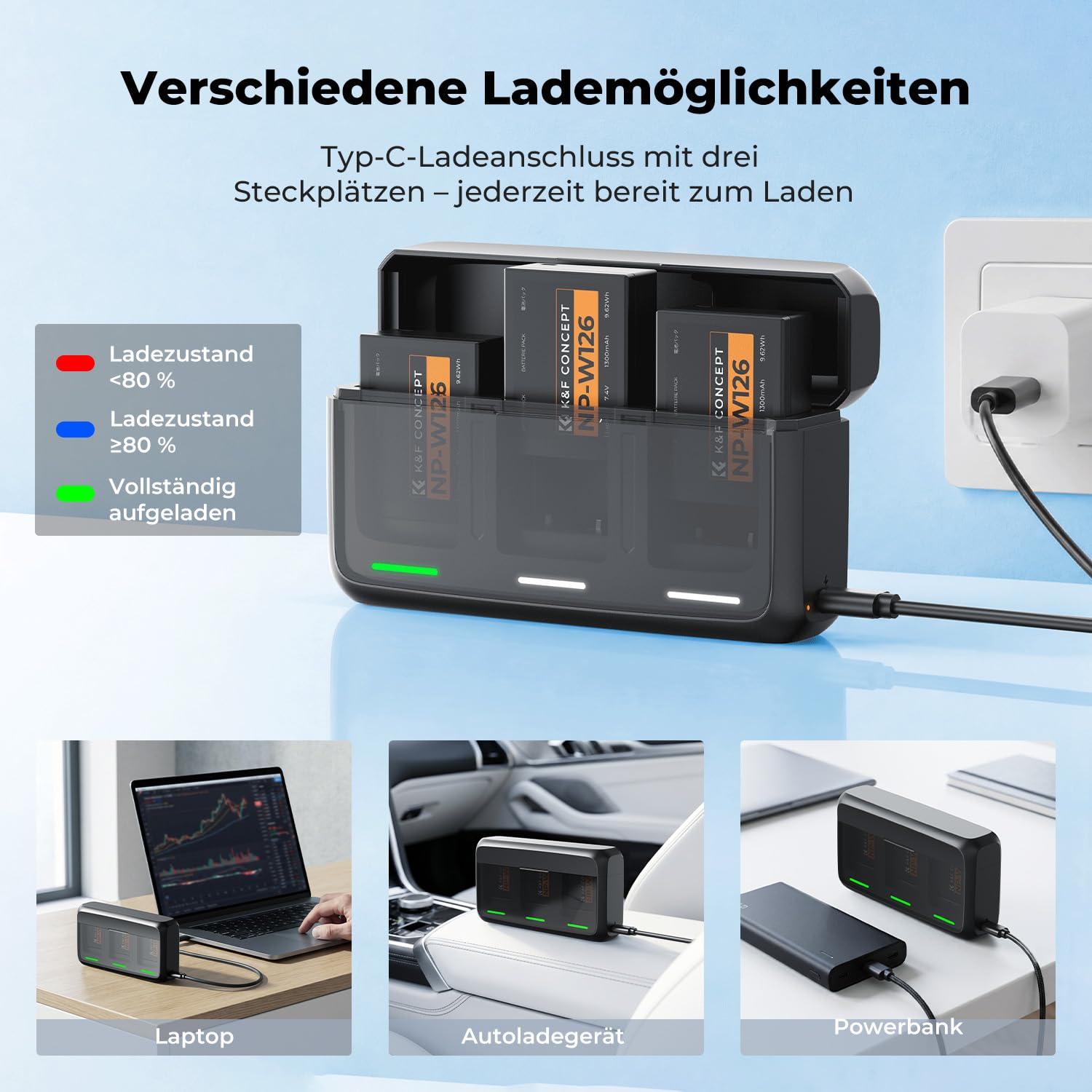 K&F CONCEPT NP-W126 NP-W126S Kamera Akku (3er Pack) mit 20W PD Ladegerät Kompatibel mit Fujifilm XT30 III/XM5/X100VI/X100V/XS10/XT30/XT30 II/XT20/XE4/A5