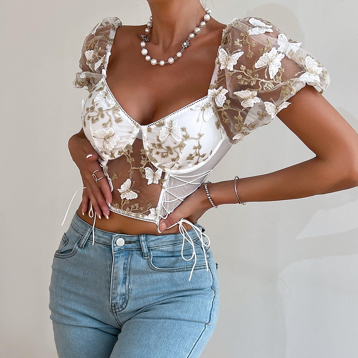 Women's Butterfly Embroidery Corset Crop Tops Mesh Puff Sleeve Bustier Top Side Lace Up T-Shirts - Image 7
