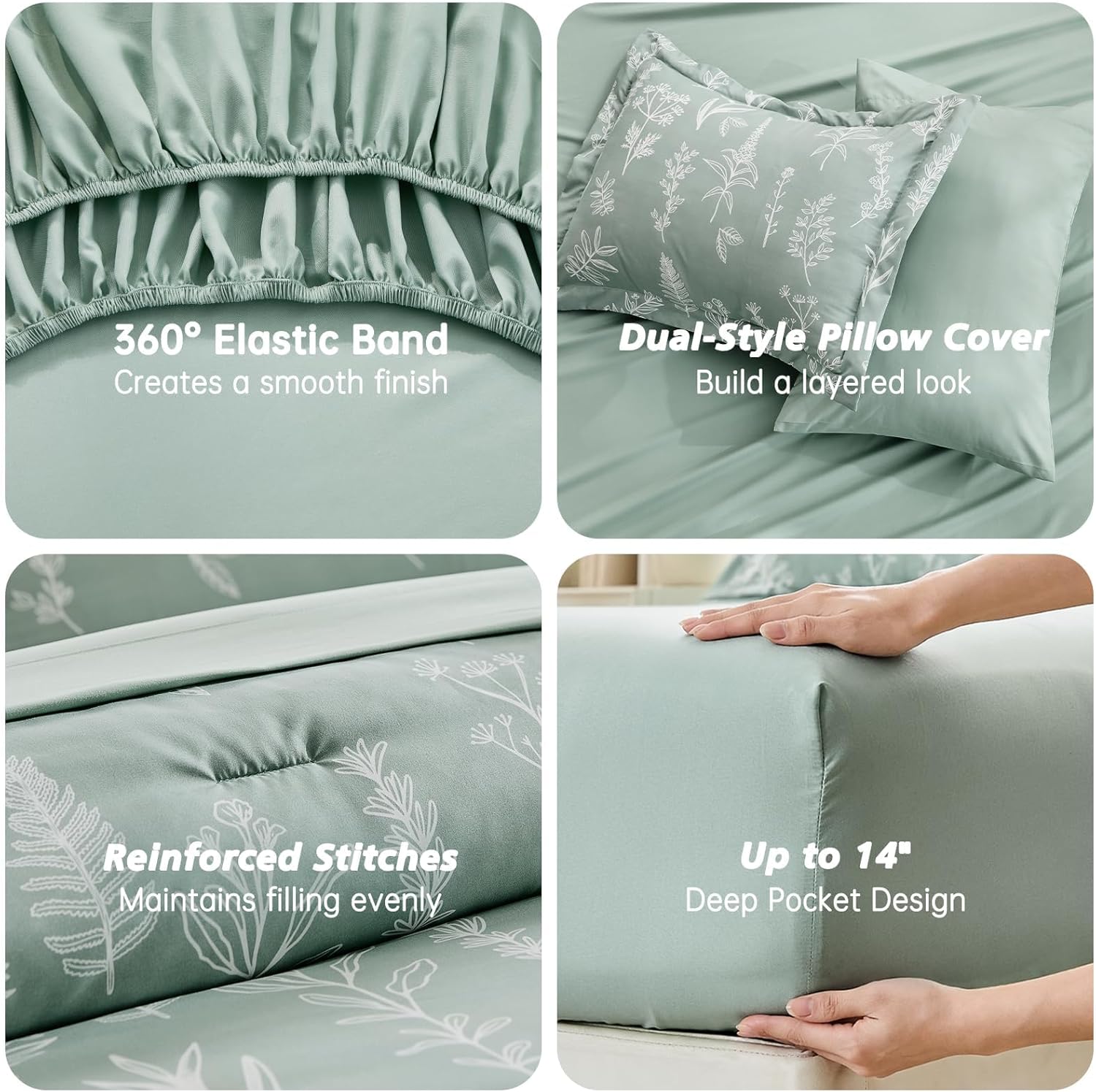 MUXHOMO Queen Comforter Set 7 Pieces, Sage Green Bed in a Bag Queen Reversible Botanical Flowers Design, Ultra Soft & Breathable Bedding Sets with Comforter, Sheets, Pillowcases & Shams