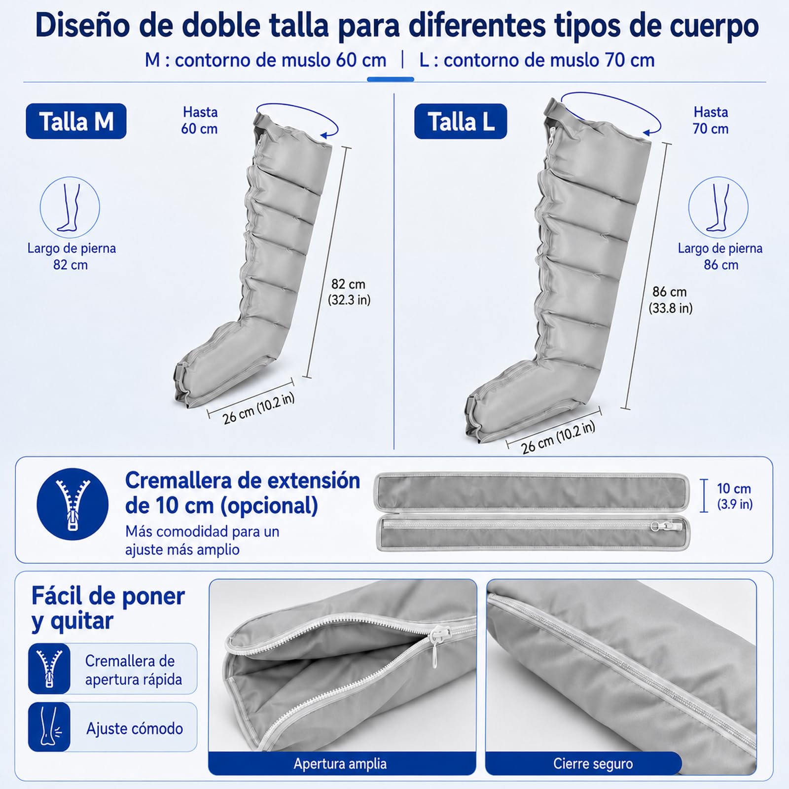 Presoterapia para Casa Masajeador de piernas 6 Cavidades |Masajeador de Piernas Doble Compresión de Aire| Masajeador de Pies y Piernas (Gris, Piernas L)