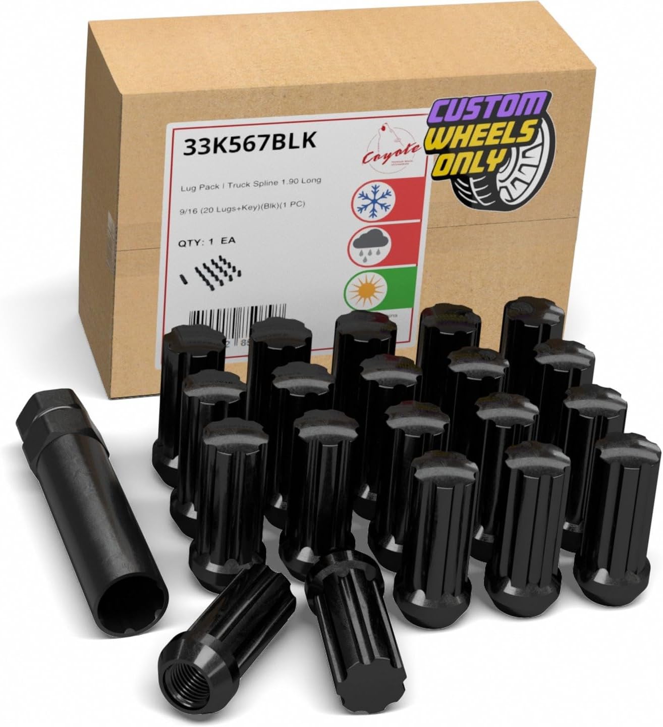 Wheel Accessories Parts 20 Pcs 9/16"-18 Thread Truck 1.90" Long Spline Lug Nuts Black 7 Spline Hex Fits 2005-11 Dodge Dakota 2003-09 Durango 2002-11 Ram 1500