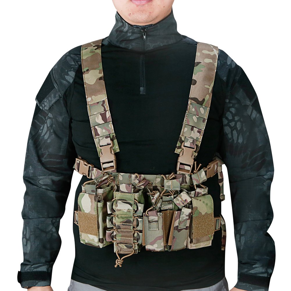 FUZKI Chest Rig Tactical Airsoft Vest with 5.56 9mm Pistol Magazine Pouches and Storage Bag Modular Harness for Shooting Wargame Paintball Military Hunting