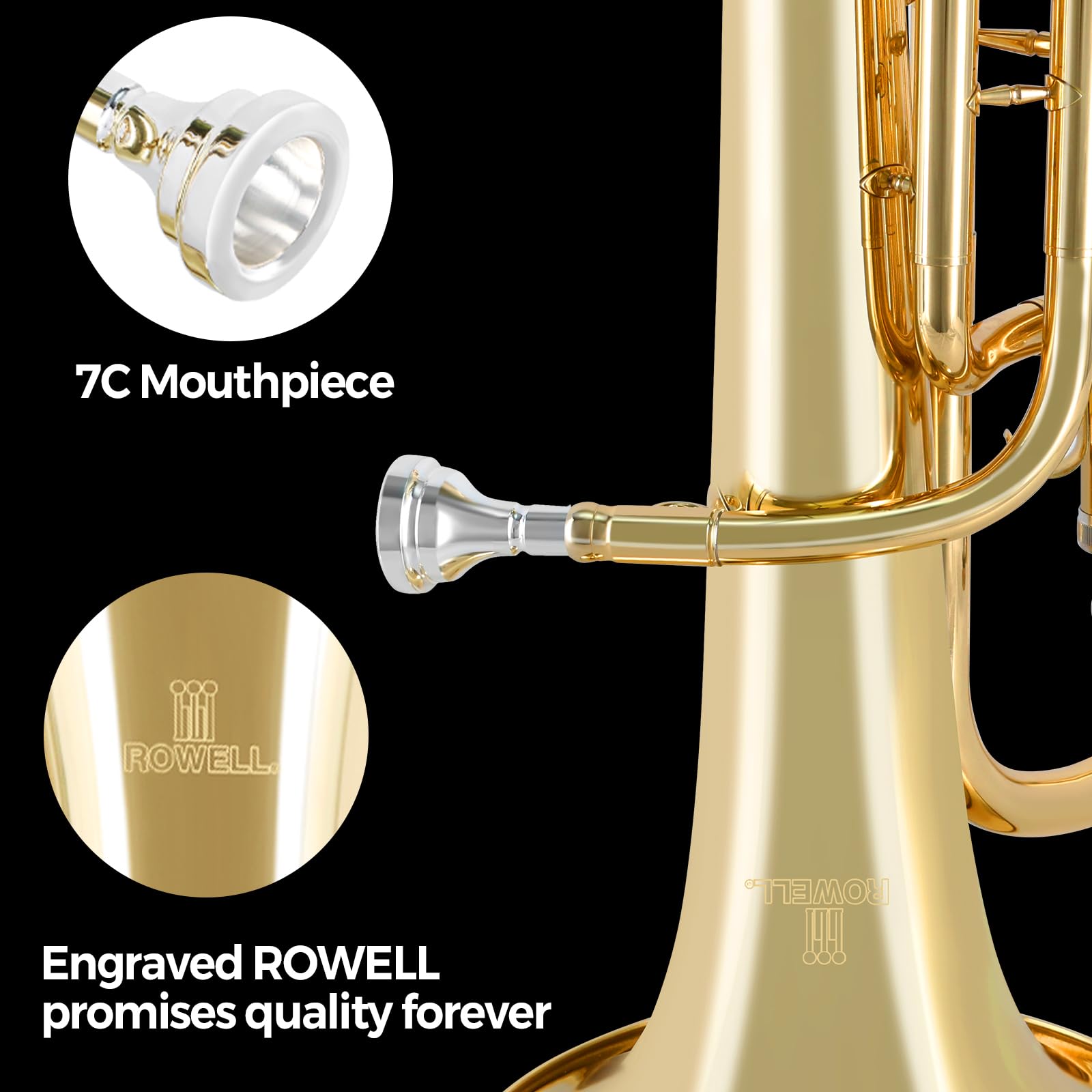 ROWELL Baritone Horn Bb Brass 3 Valves Lacquer Gold with Mouthpiece, Case and Gloves - Image 4