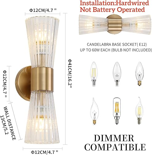 Miniatura 4 de EFINEHOME Lámpara de pared moderna de mediados de siglo con pantalla de cristal  2 luces de tocador doradas para baño, pasillo, dormitorio, sala de