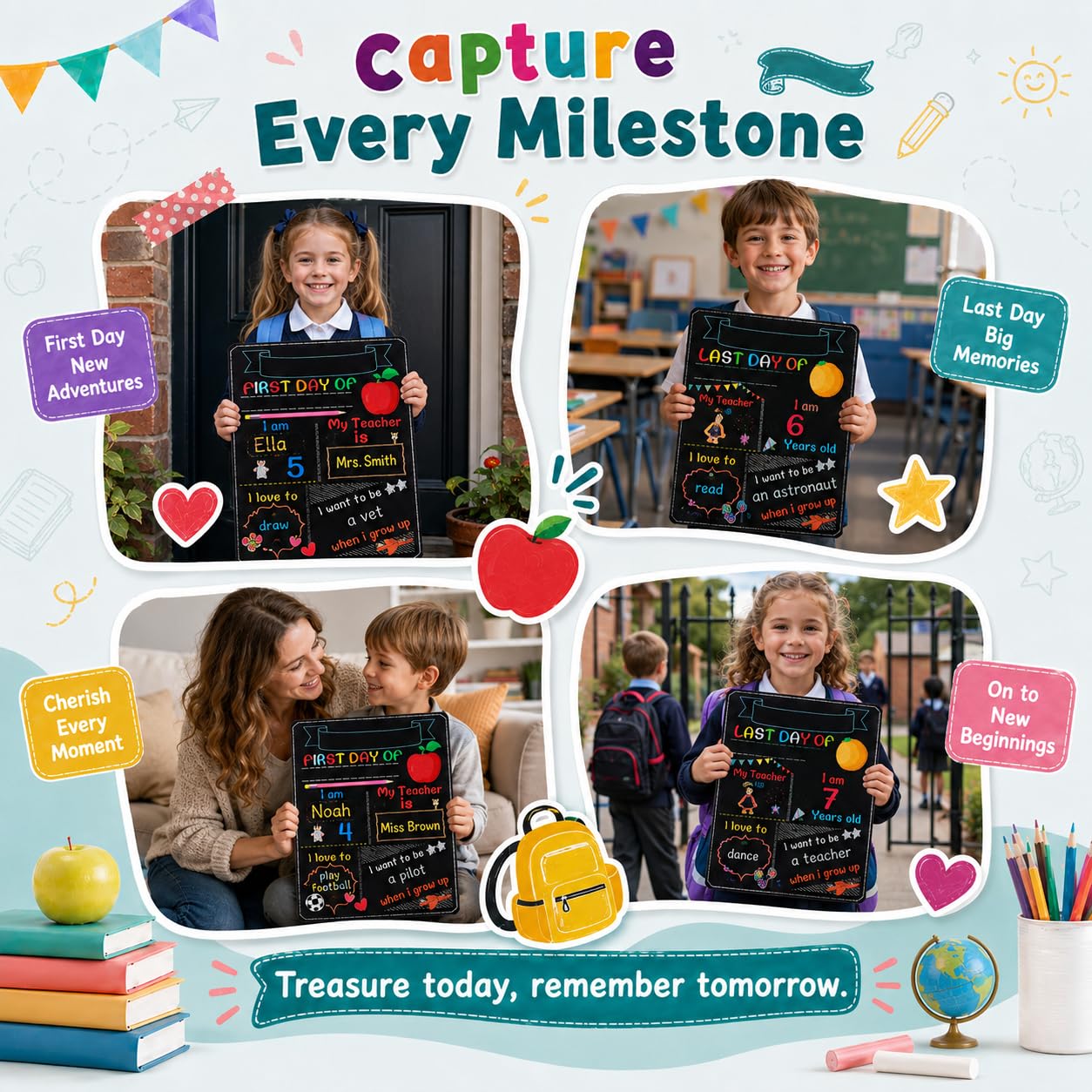 NUOBESTY Lavagna del primo giorno di scuola - Il mio primo giorno di scuola | Riutilizzabile Back to Schools Sign First & Last Day double face Milestone Photo Prop per bambini (24,9 x 19,8 cm)