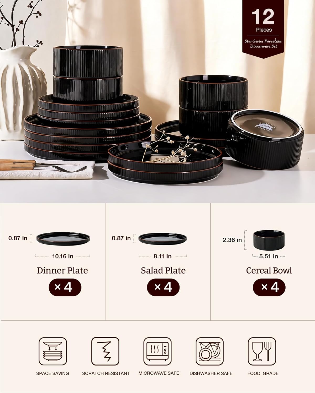 Star 12-Piece Plates and Bowls Set, Porcelain Dinnerware Sets for 4 Service, Modern Dish Set with Rust-Red Rim, Chip and Scratch Resistant, Dishwasher & Microwave Safe, Black