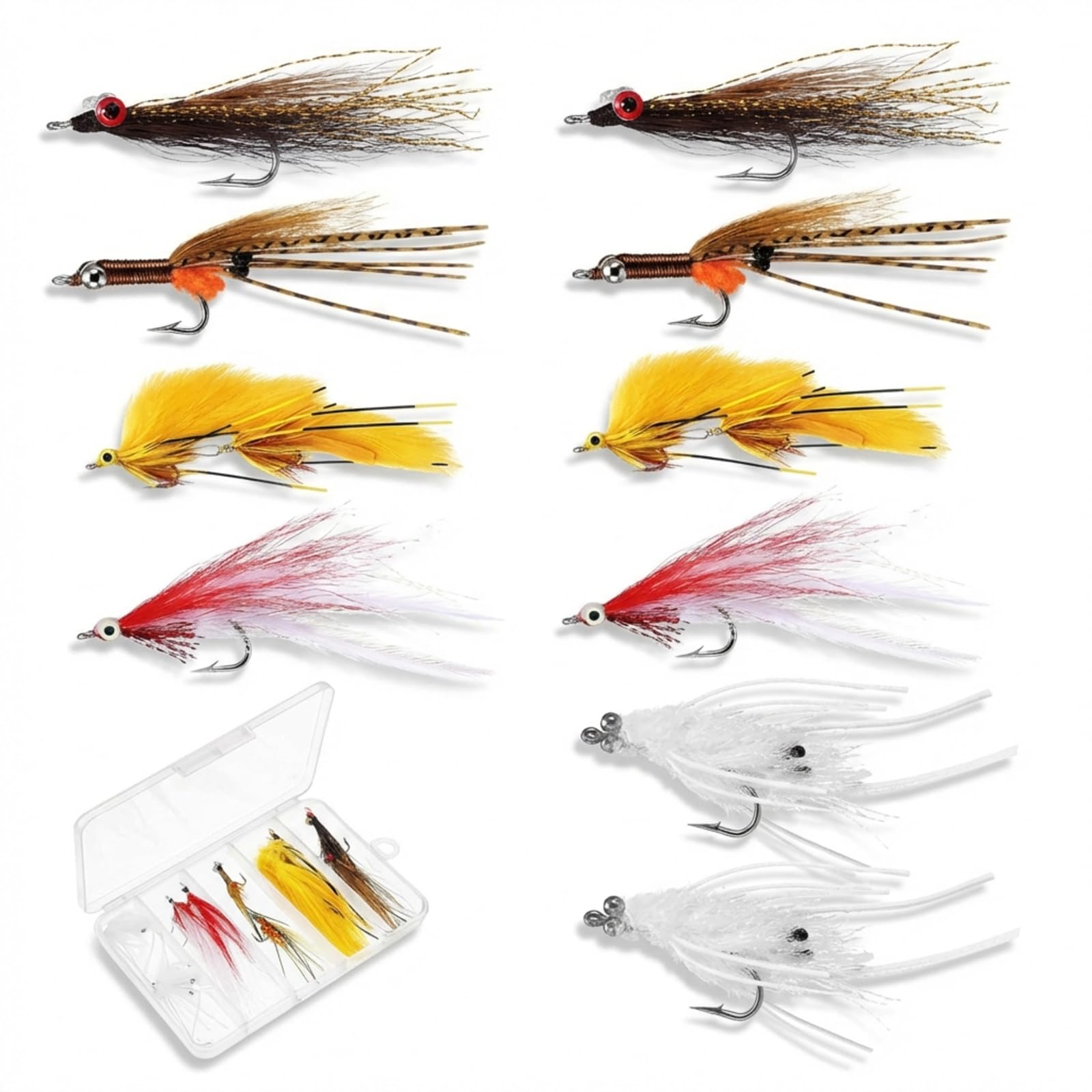10 Pack Clouser Minnow Flies Saltwater Fly Fishing Flies Assortment Kit with Box, Saltwater Fish Bait for Fishing Lovers, 5 Style