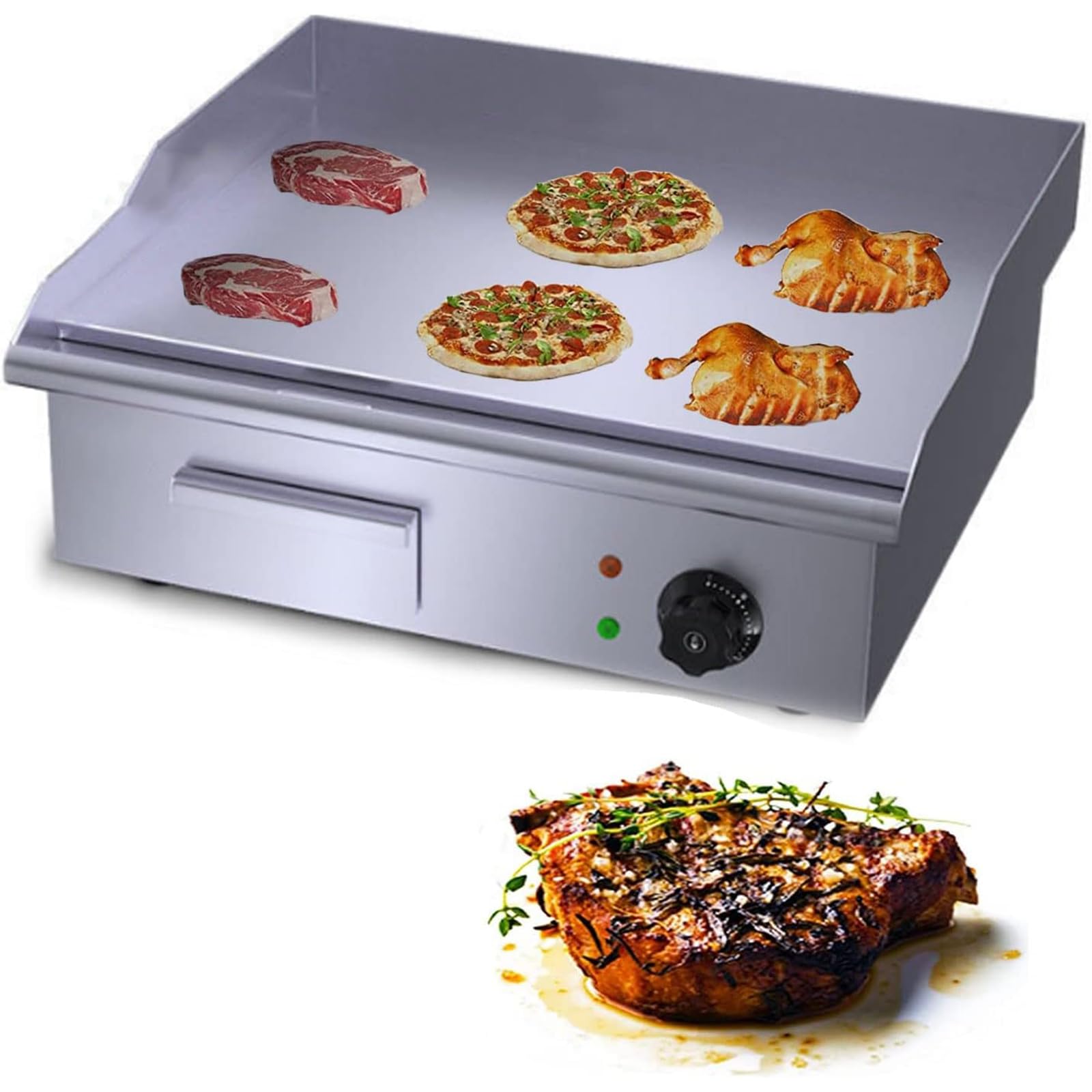 Piastra elettrica da banco da 3000 W, Piastra elettrica Commerciale in Acciaio Inox con Foro per perdite d'olio e cassetto per l'olio Rimovibile, Temperatura Regolabile,
