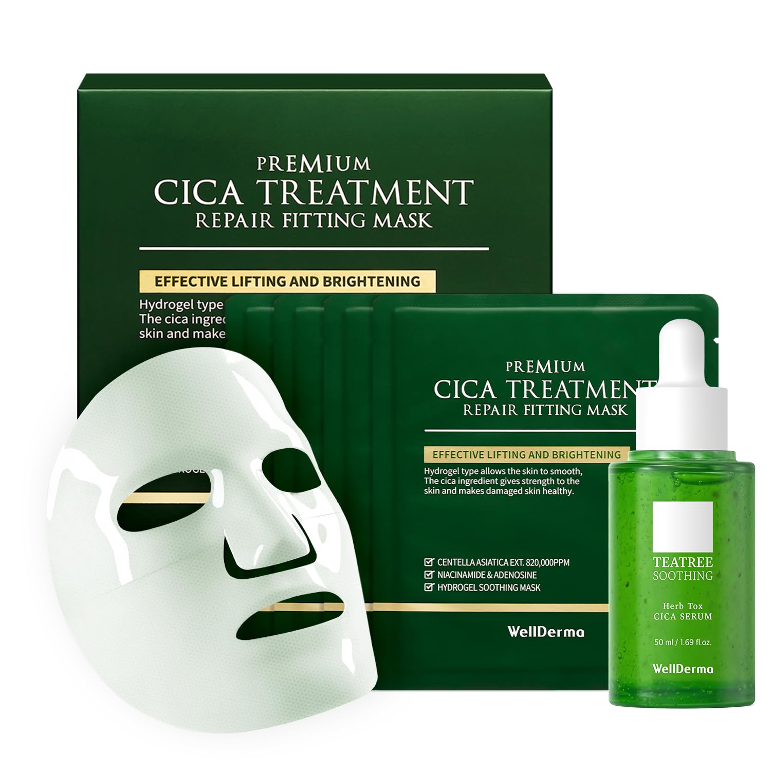 WELLDERMA Cica Soothing & Hydration Set – Hydrogel Fitting Mask + Tea Tree Herb Tox Serum for Calming & Moisturizing Skin