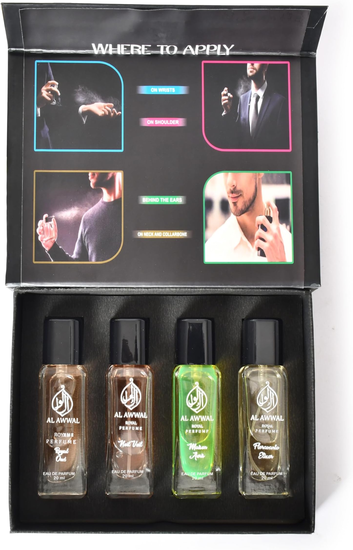 Al Awwal Royal Perfume Gift Set for Men, 4 x 20ml Eau De Parfum, Luxury Collection with Royal Oud, Veil, Noir, Floravante Elixir
