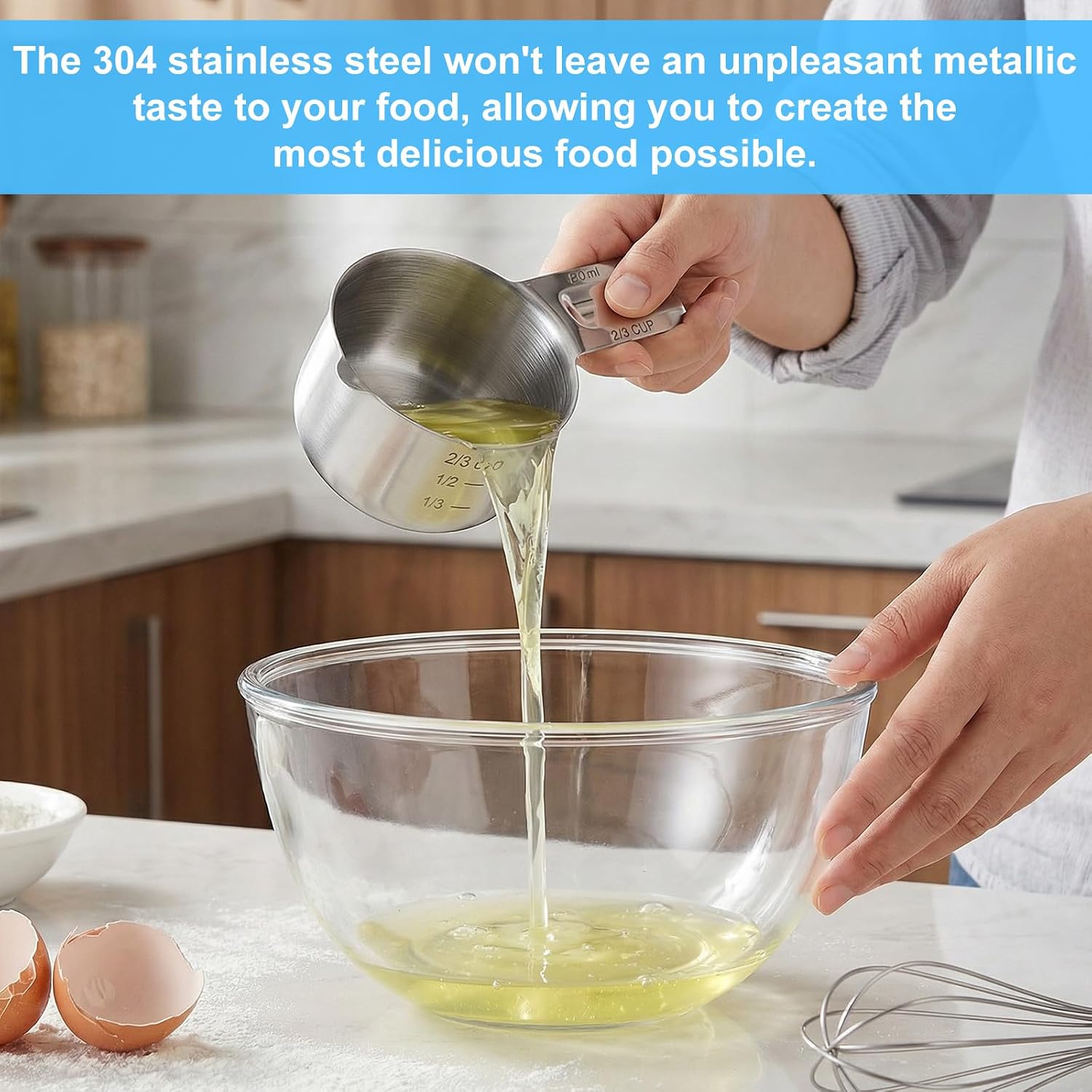 Single Measuring Cup 2/3Cup, (160ml, 5.3oz) Stainless Steel Measuring Cup Etched Inner Scale Metal Measure Scoop Dishwasher Safe Metric and US Measurement 1PCS