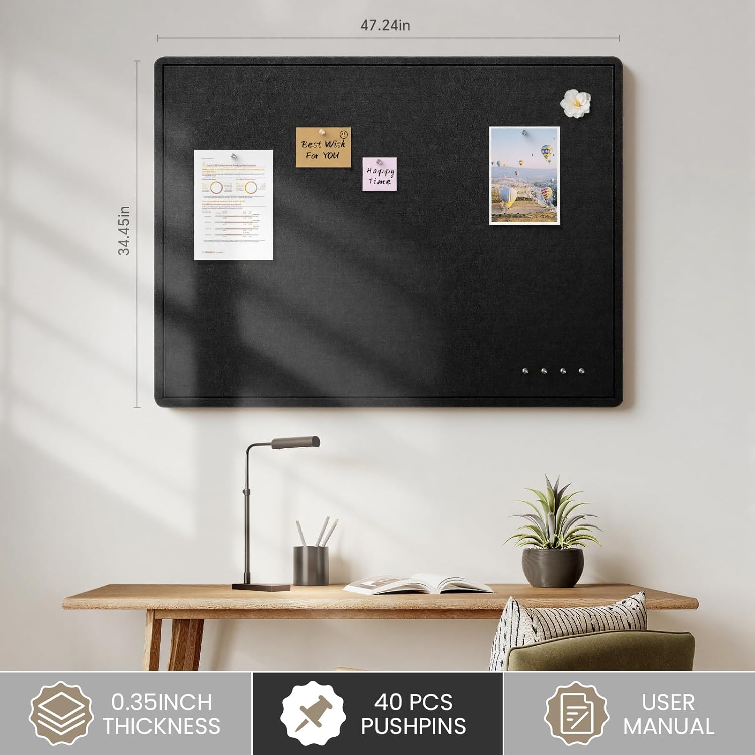 Bulletin Board, 48 X 35 inches Decorative Felt Cork Board Alternative with Pushpins, Foldable Felt Notice Pin Board Photo Display Board for Office Home School Wall