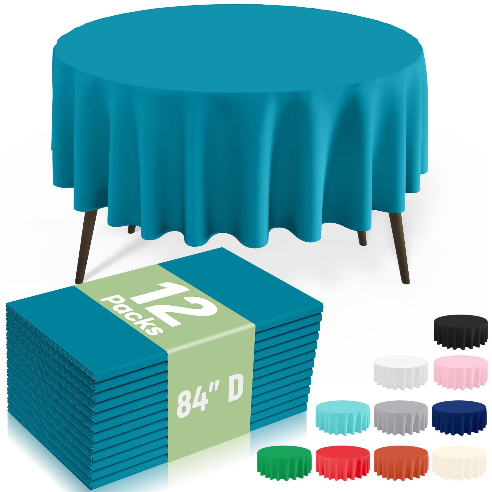 misaya 12 Packs Disposable Plastic Table Cloth, 84" Round Waterproof Tablecloth, Leakproof &amp; Sturdy Decorative Table Covers for Picnic, Party, Outdoor and Back to School, Turquoise