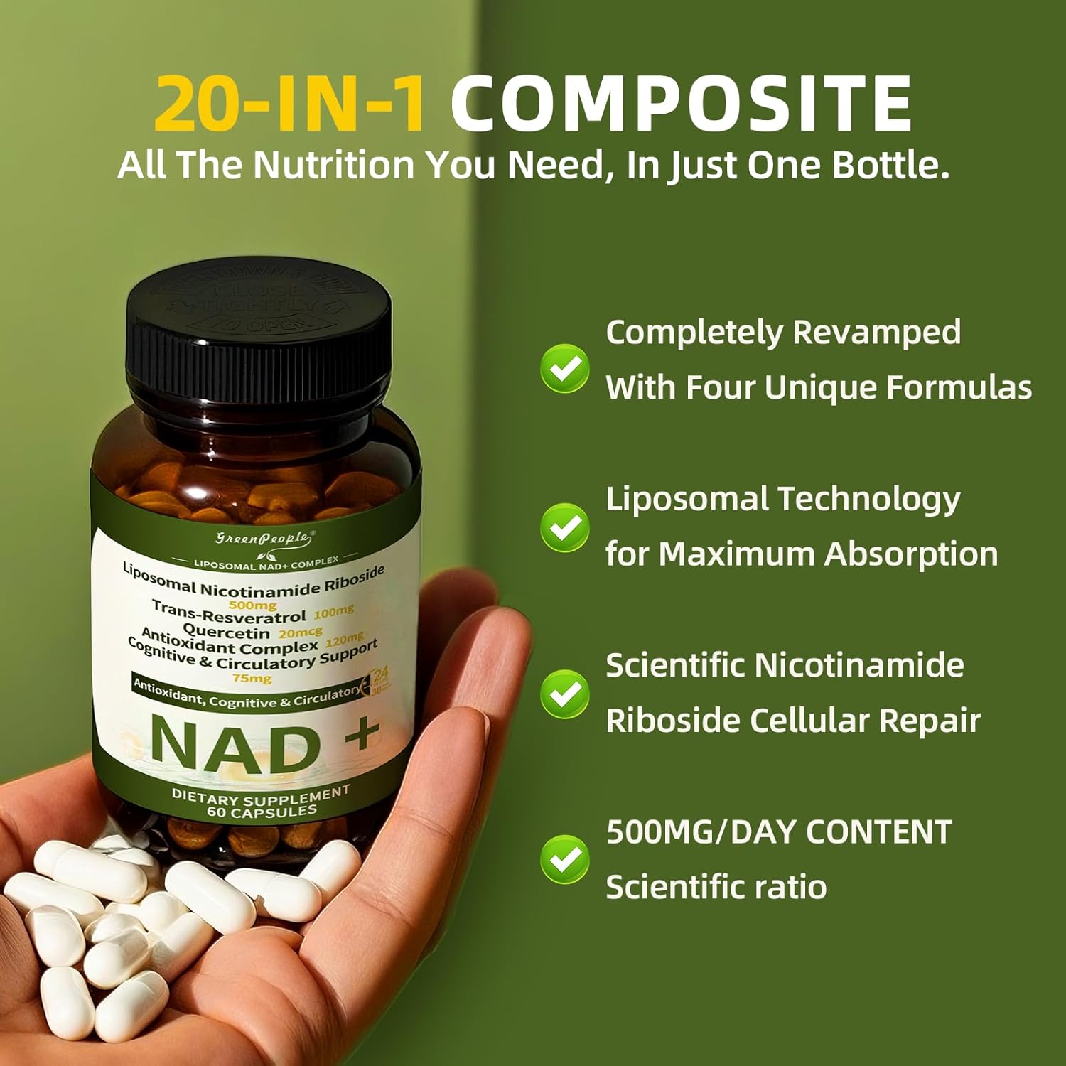 NAD+ Supplement for Women with Resveratrol , 20-in-1 NAD Plus Supplement with Liposomal Nicotinamide Riboside Boost NAD+ Levels for Cell Repair Energy, Antioxidant,Focus - 60 Vegan Capsules - Image 6