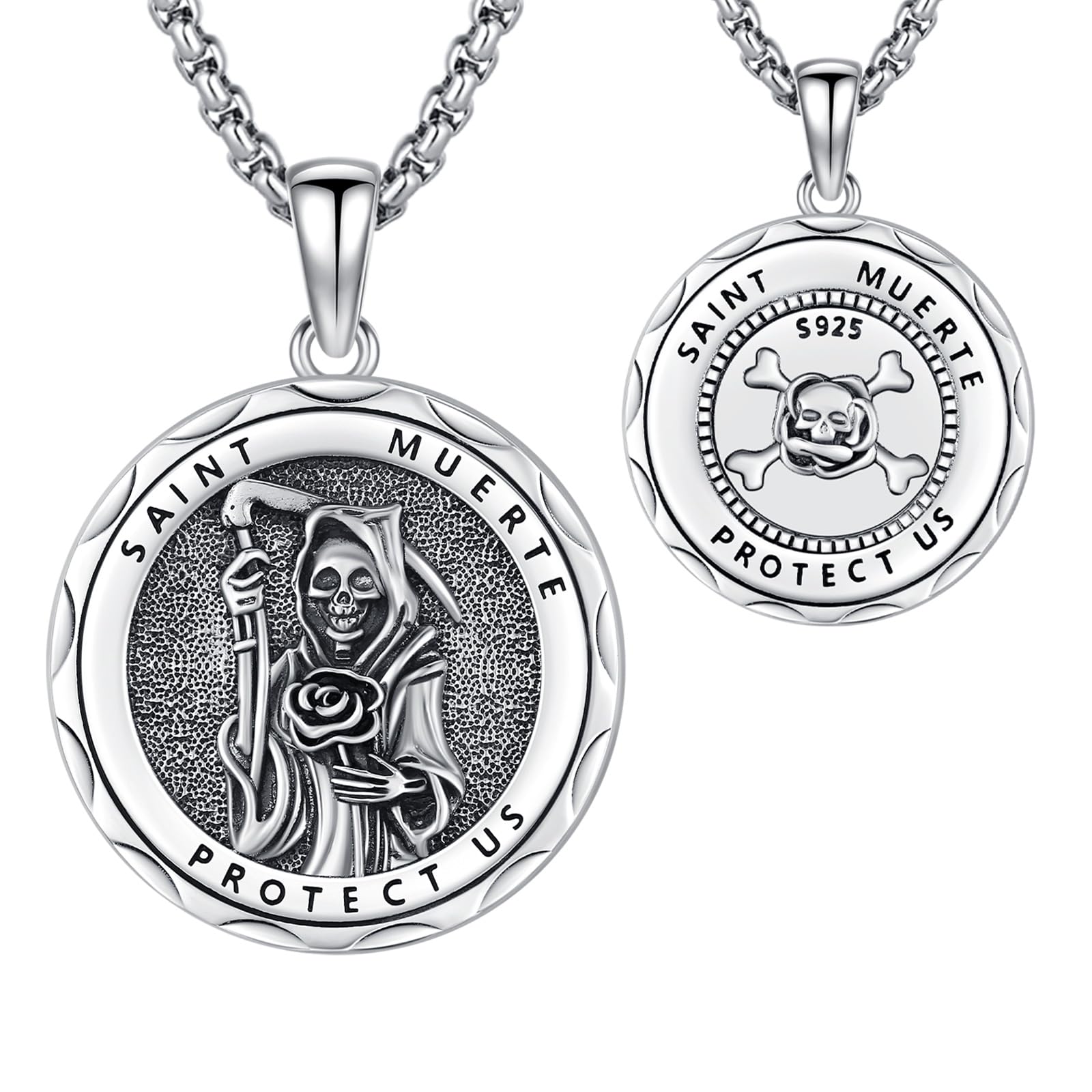 La Santa Muerte - Collana da donna e uomo, in argento Sterling 925, con ciondolo a forma di rosa nera, amuleto, gioiello religioso, idea regalo, piccola, in argento Sterling, senza pietre