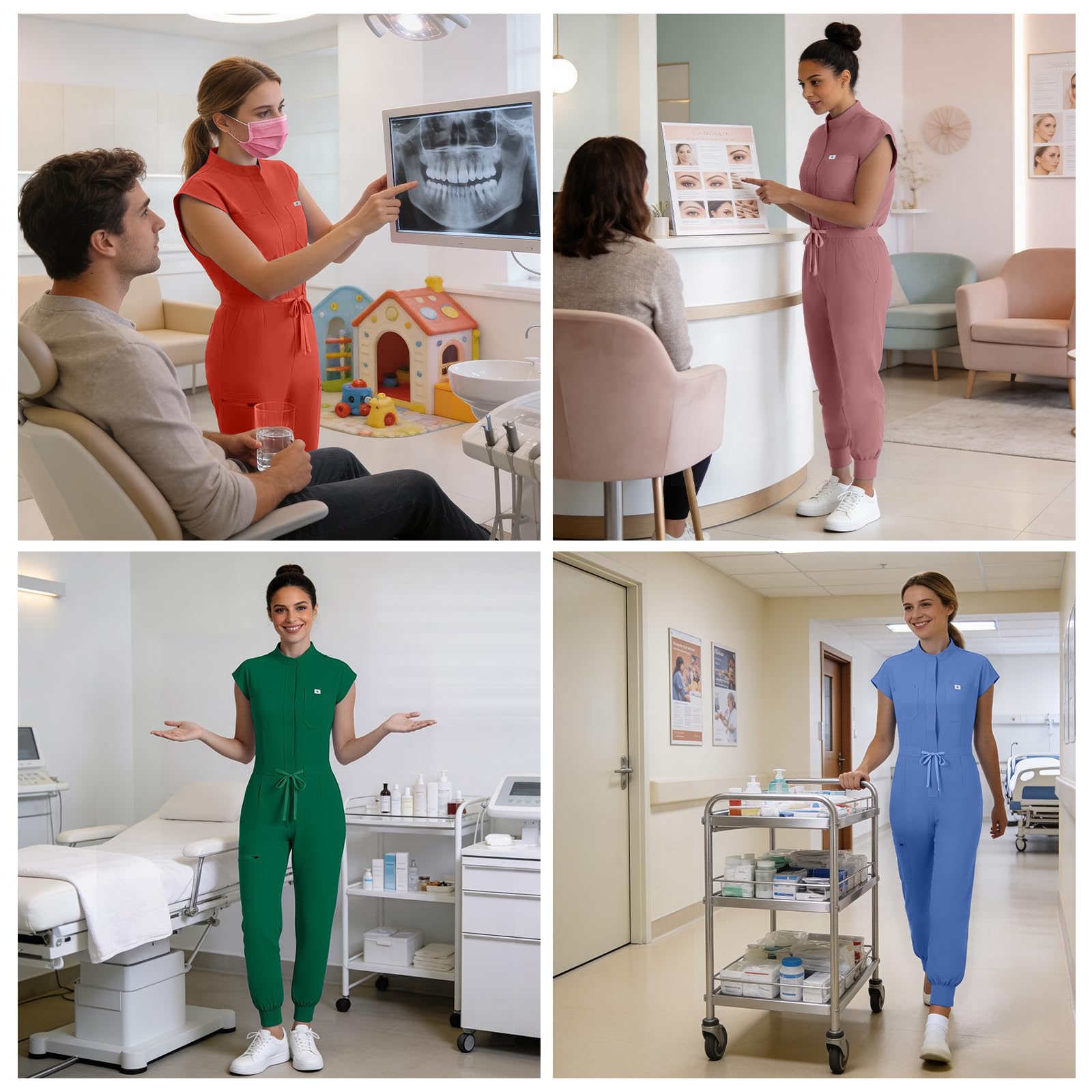 Tuta da donna chirurgica medica, uniforme medica con colletto rialzato e design senza maniche, 8 tasche funzionali, pagliaccetto per professionisti medici