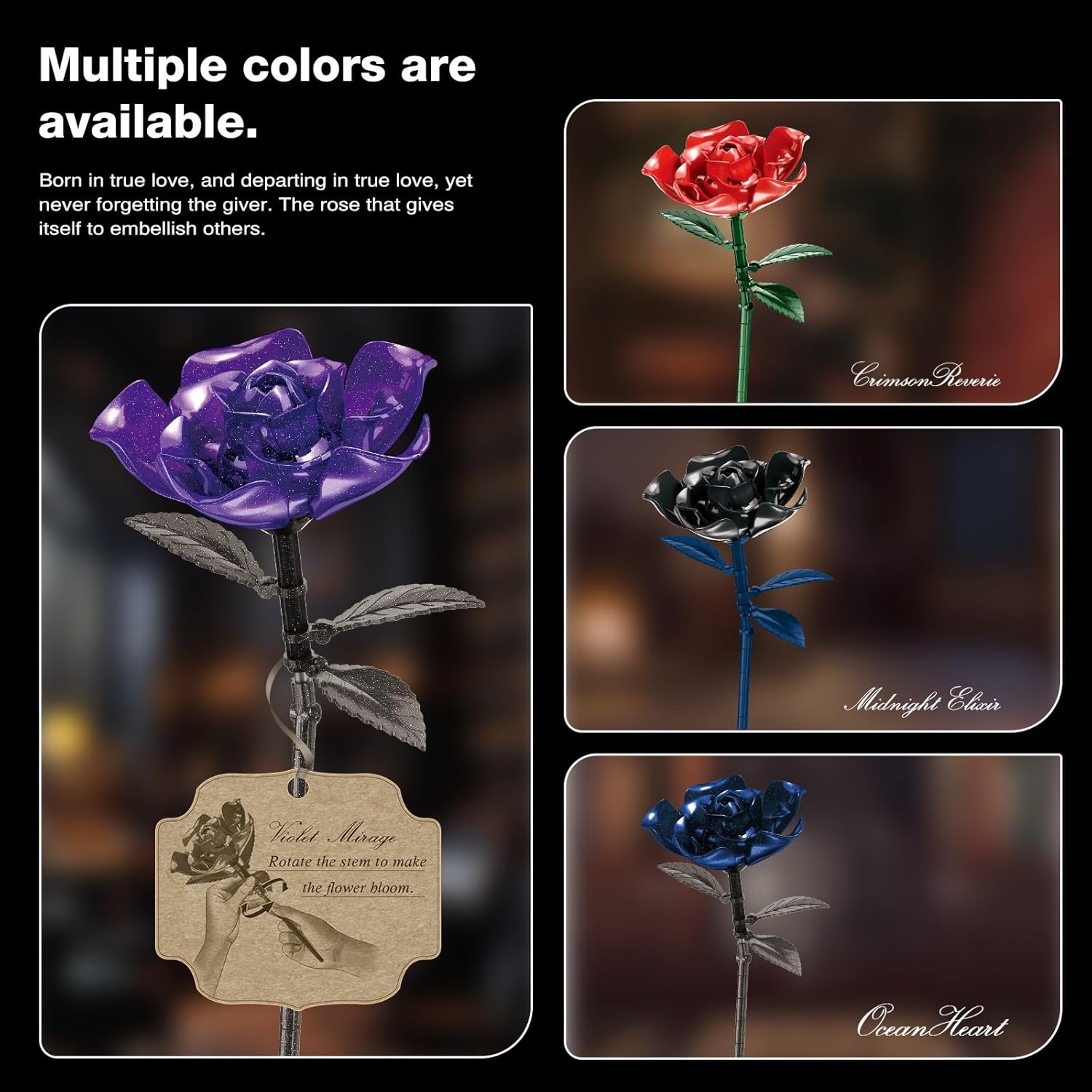 Rose Rotating Everlasting Flower Building Set (866PCS) Compatible Artificial Bouquet, Elegant Home/Office Decor Accent for Tabletop Display Gift for Mother's Day (Purple)