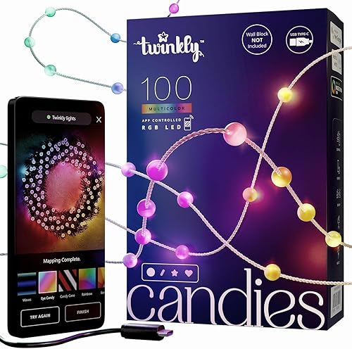 Twinkly Candies - Cadena de luces LED en forma de vela controlada por aplicación, 100 RGB (16 millones de colores) 6 M19.7 pies. Cable transparente.