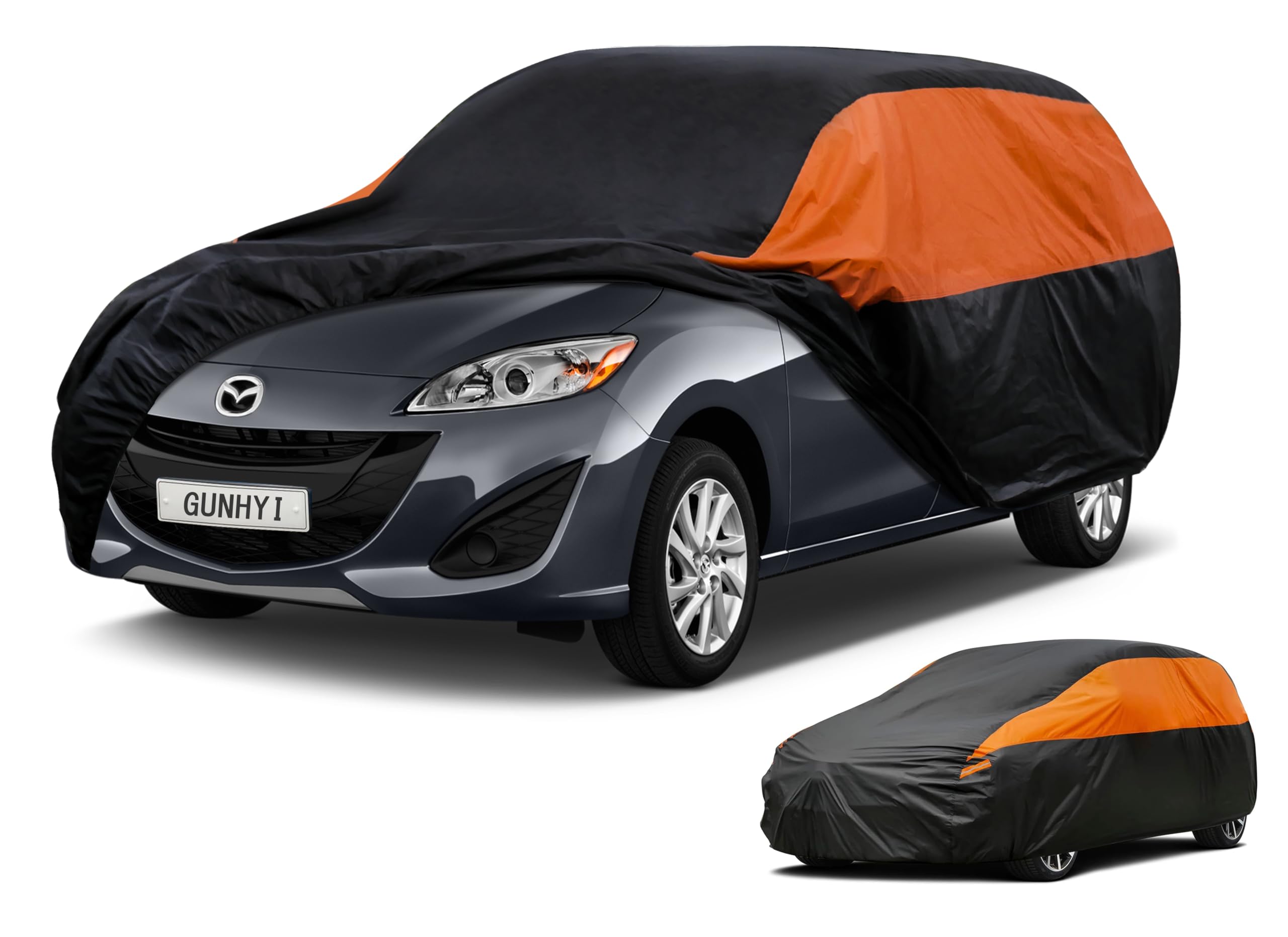 GUNHYI Waterproof Lightweight Full Car Cover Custom Fit Mazda 5 | All‑weather Outdoor sun/rain/dust/snow/wind/UV protection, breathable tear‑resistant fabric, black‑orange design,storage bag