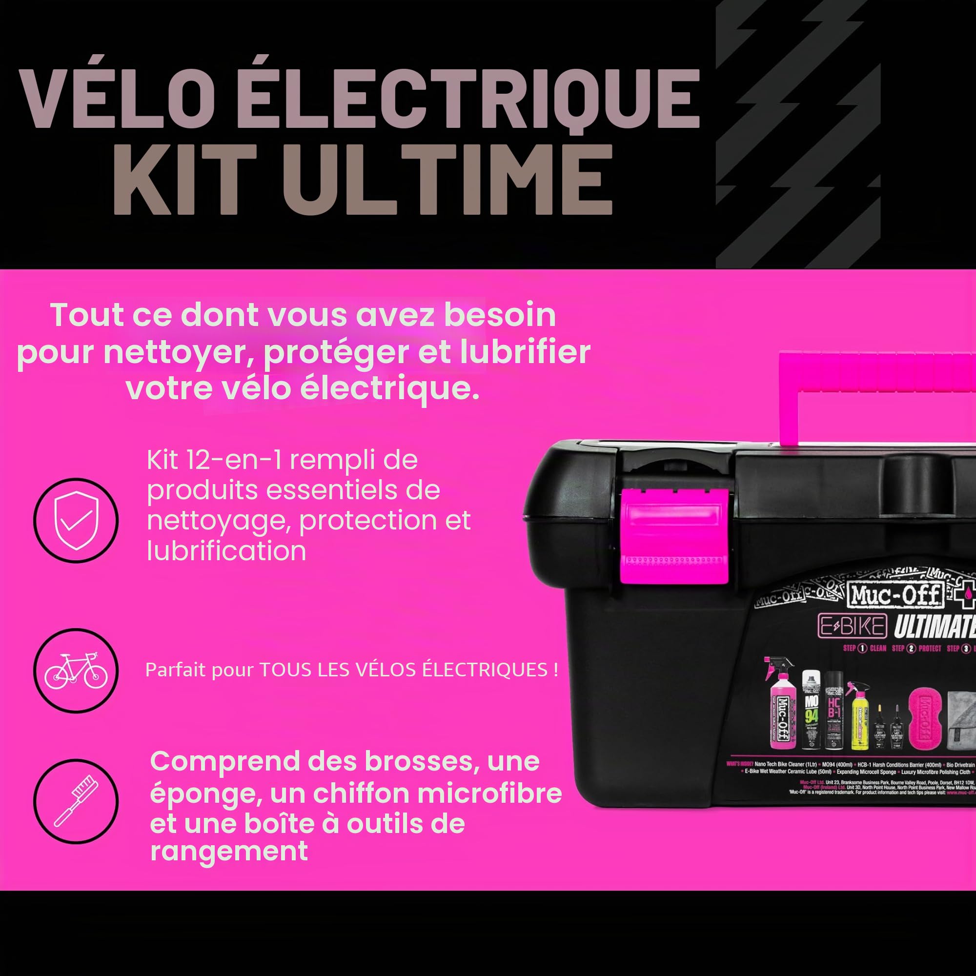 Muc-Off eBike Kit Ultime de Nettoyage - Kit Indispensable pour Nettoyer, Protéger et Lubrifier votre Vélo Électrique