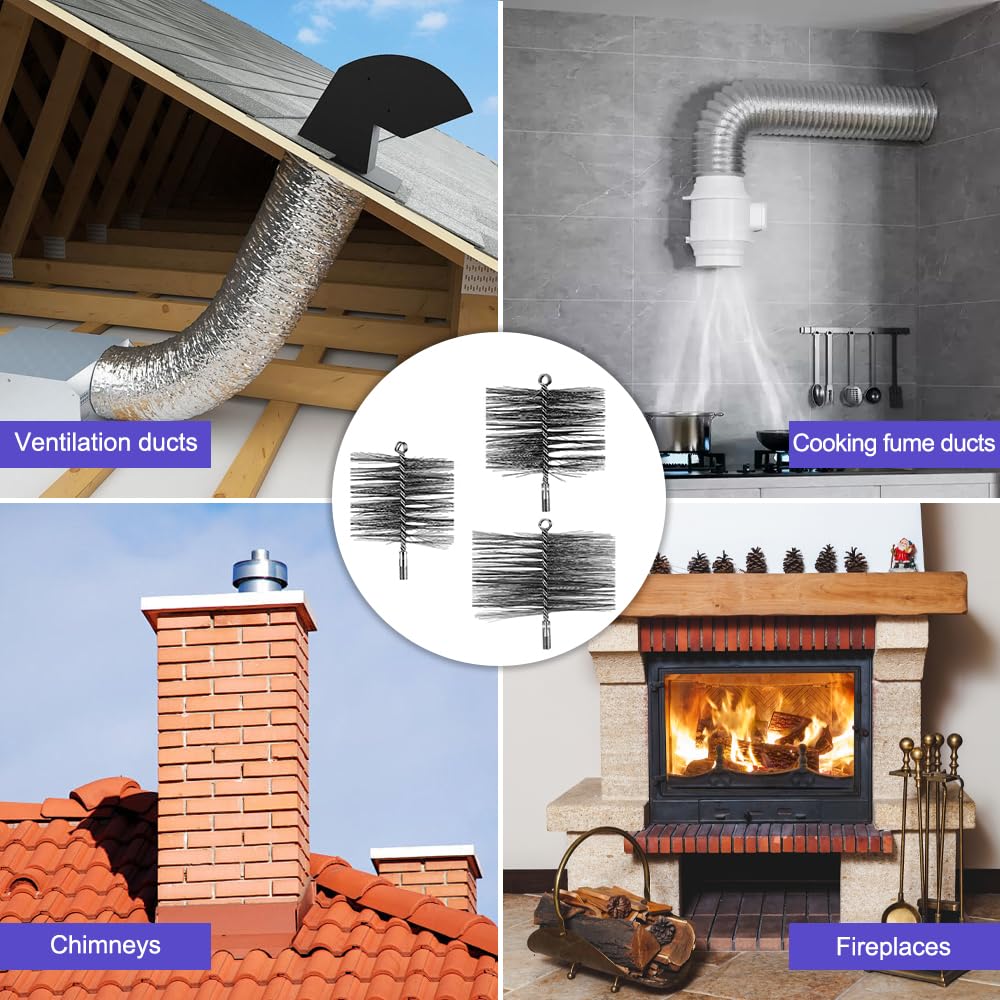 Cepillos de reamontonado para chimenea, 3 unidades, kit de reamontonado Poele Pellet, erizo de acero inoxidable, metálico, cepillo para limpieza de chimenea (150 mm, 170 mm, 200 mm)