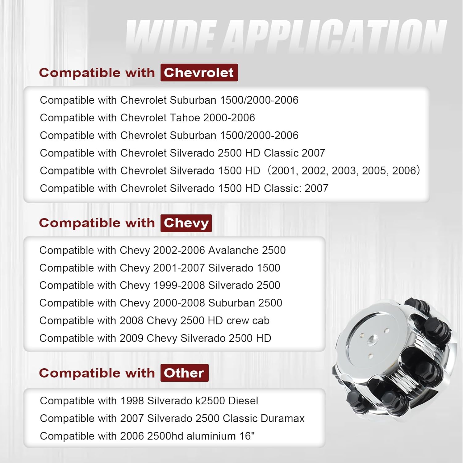 8 Lugs Wheel Center Caps Compatible with Chevy Silverado Avalanche Suburban&GMC Sierra Yukon 1500 2500 3500 Auto Hub Covers Fits 16" Replacement 15039489, 15039488, 9597169, 9597170(4 PCS)