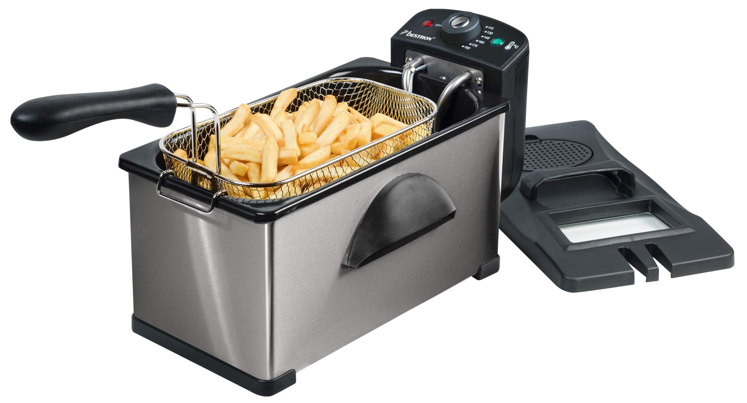Bestron Friggitrice ad olio con tecnologia a zone fredde, friggitrice con cestello da 3,5 litri, con finestra e regolatore di temperatura continuo, lavabile in lavastoviglie, 2000 Watt, colore:
