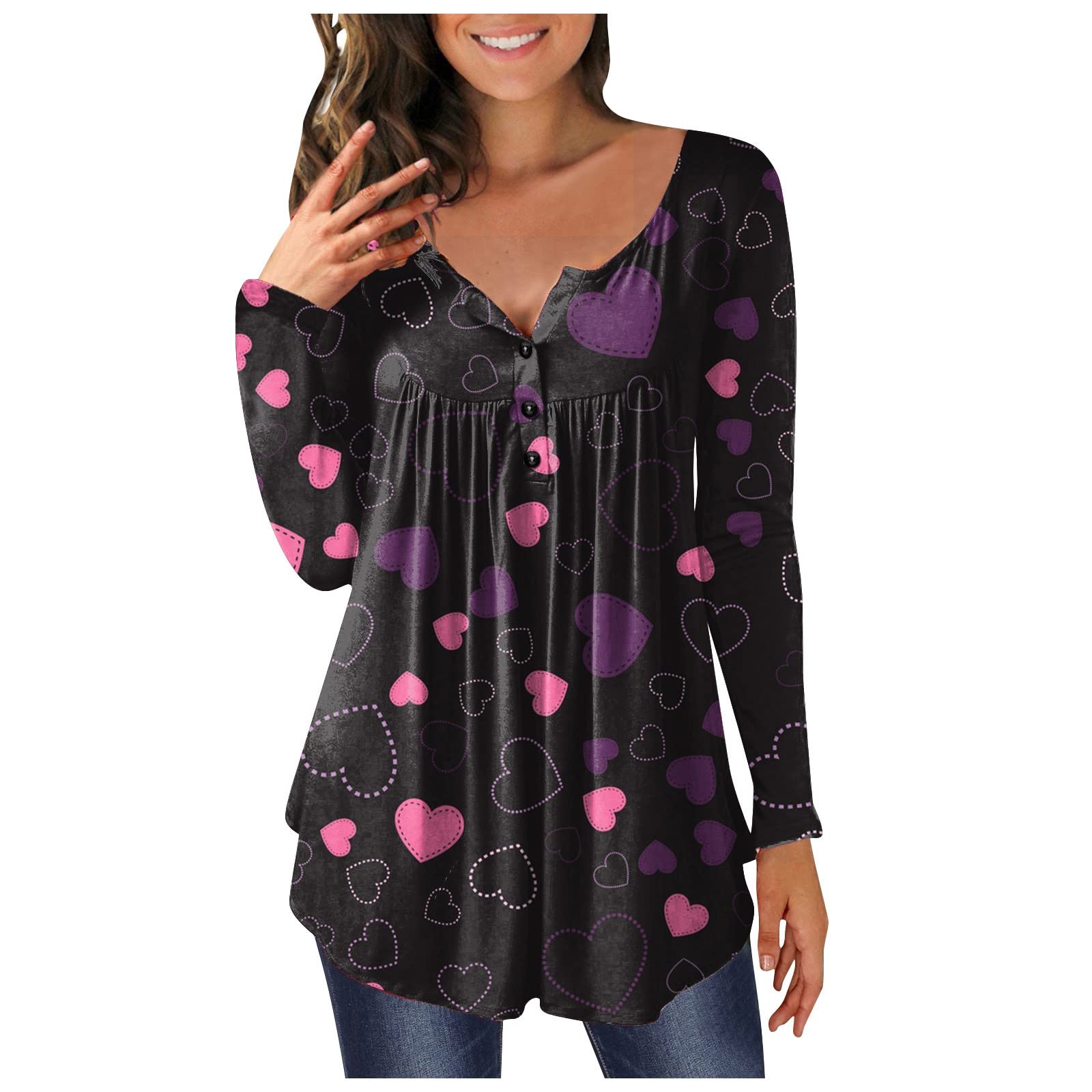 Womens Love Pleated Shirts V Neck Long Sleeve T-Shirts Cute Heart Inspirational Graphic Valentines Day Gift Tops