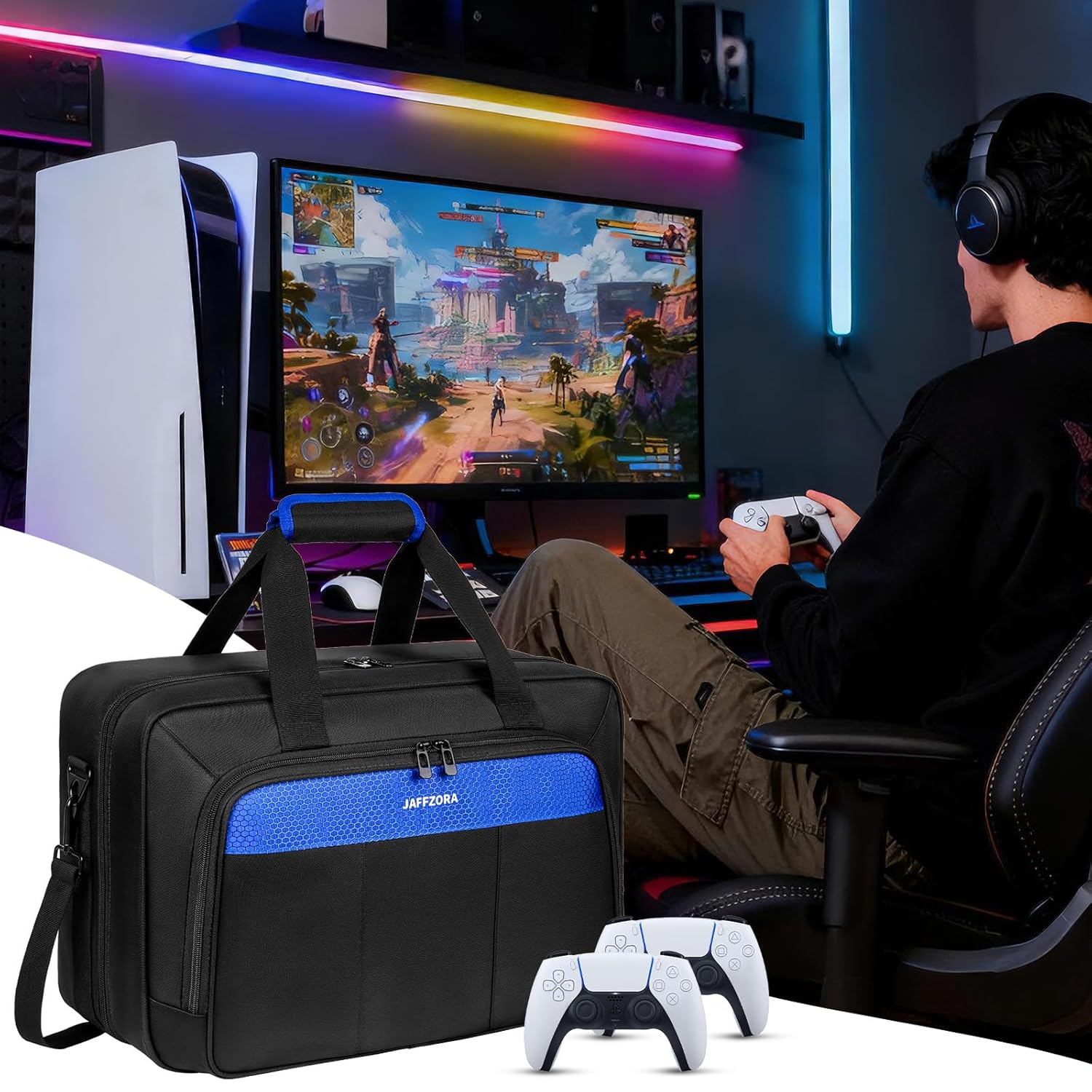 Carrying Case for PS5 PRO/PS5/PS5 Slim, Travel Protective Bag Fits for Playstation 5 Console, Controllers, Game Discs & Gaming Accessories, Black&Blue - Image 8