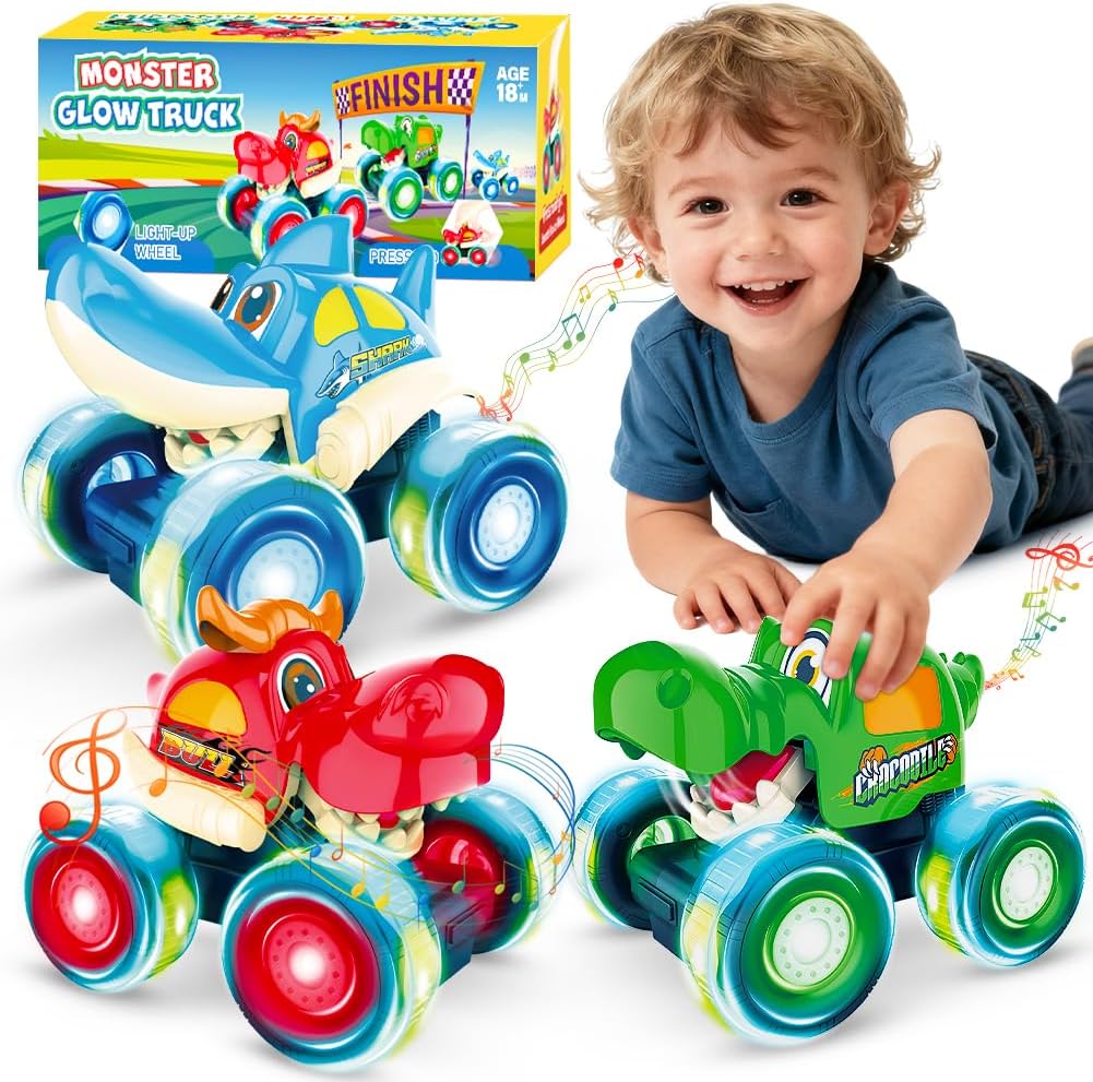 Kimicare Camión monstruo, camiones monstruo iluminados para niños de 4 a 7 años, autos de juguete para niños pequeños de 1 a 3 años con camión de