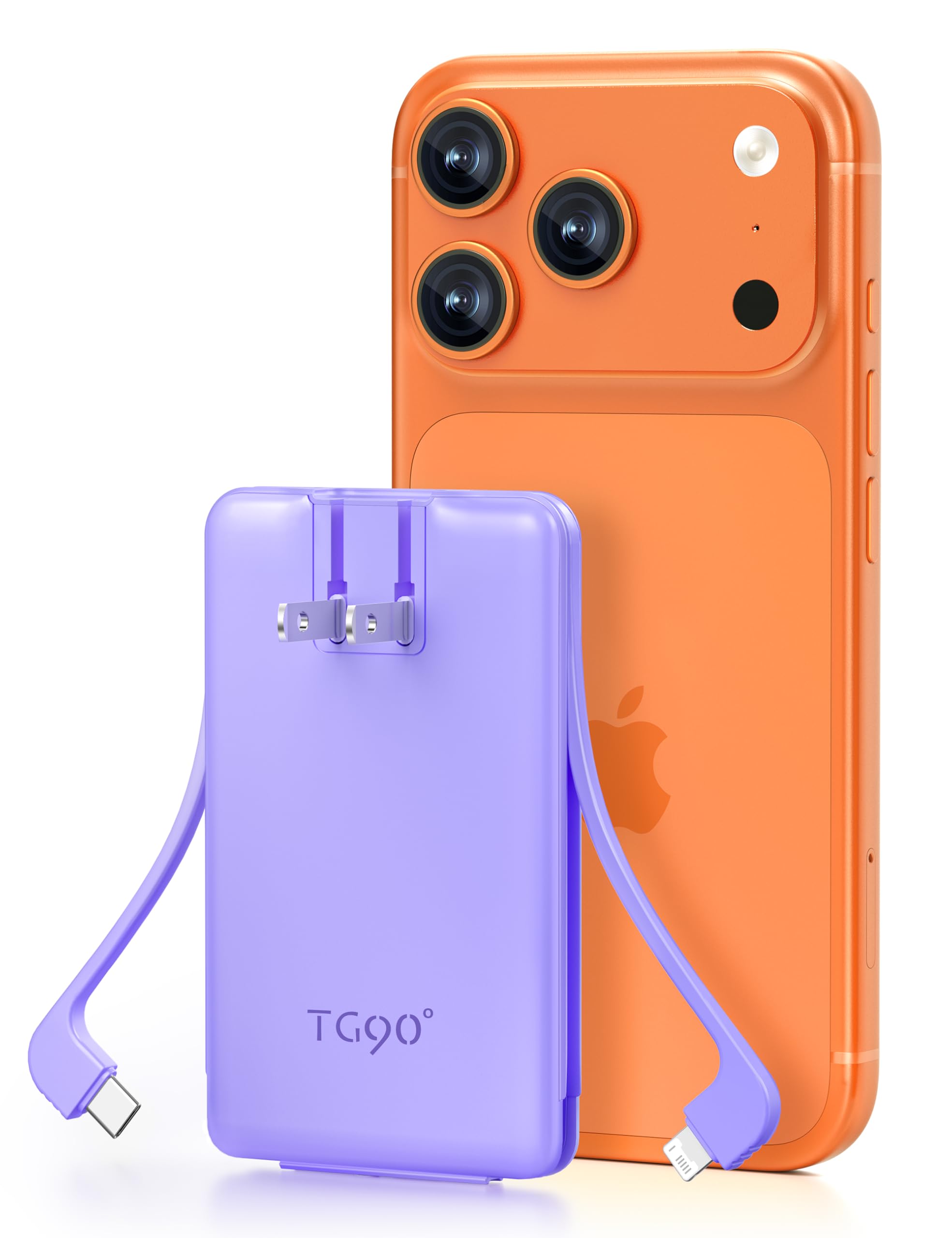 TG90 5000mAh Portable Charger Built-in AC Wall Plug and Cables Pocket Size Power Bank Slim Fast Charging External