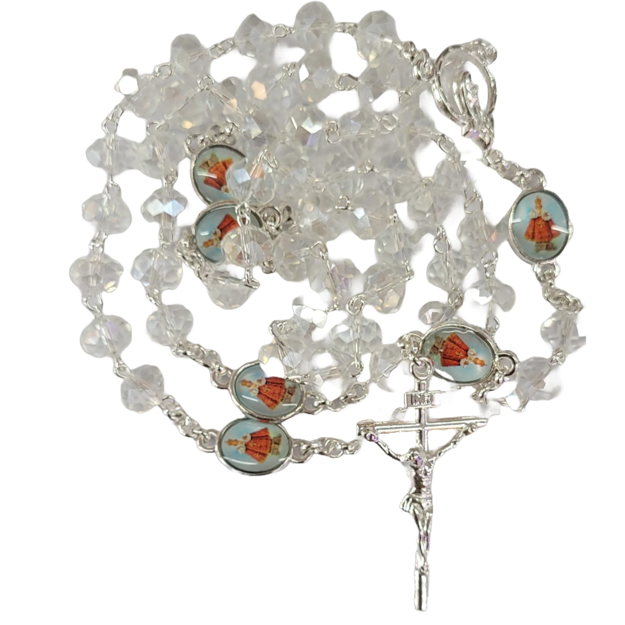 White Crystal Beads Rosary with Infant Jesus Medals After Every Decade-image-30