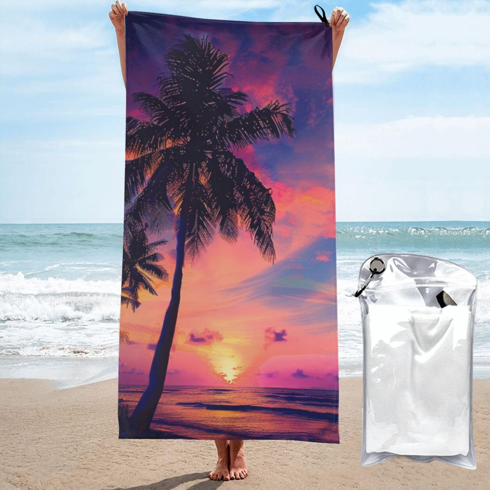 kkvhhyuo Microfiber Beach Towel, Palm Tree Sunset Printed Lightweight Quick Dry Travel Bath Sheet with Compact Carry Bag for Swimming Yoga Camping Gym,31.5"x63"