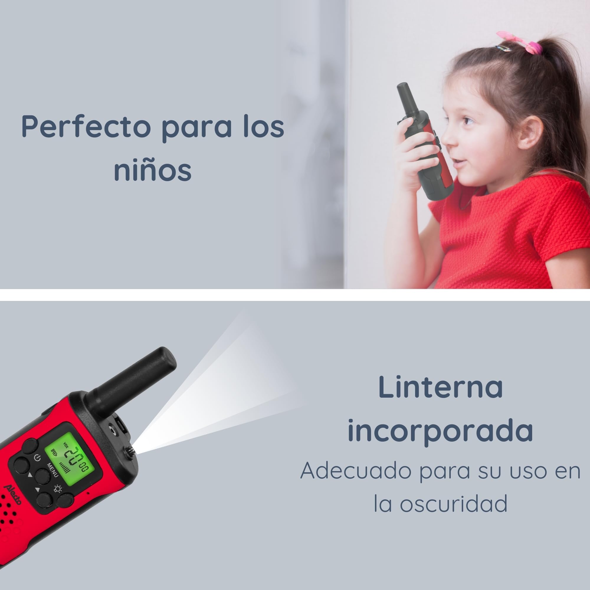 Alecto FR-115RD - Set de Dos Walkie Talkies para niños - Walki Talki con Alcance de hasta 7 kilómetros - Walky Talky 8 Canales - Linterna integrada - Pantalla iluminada - Rojo