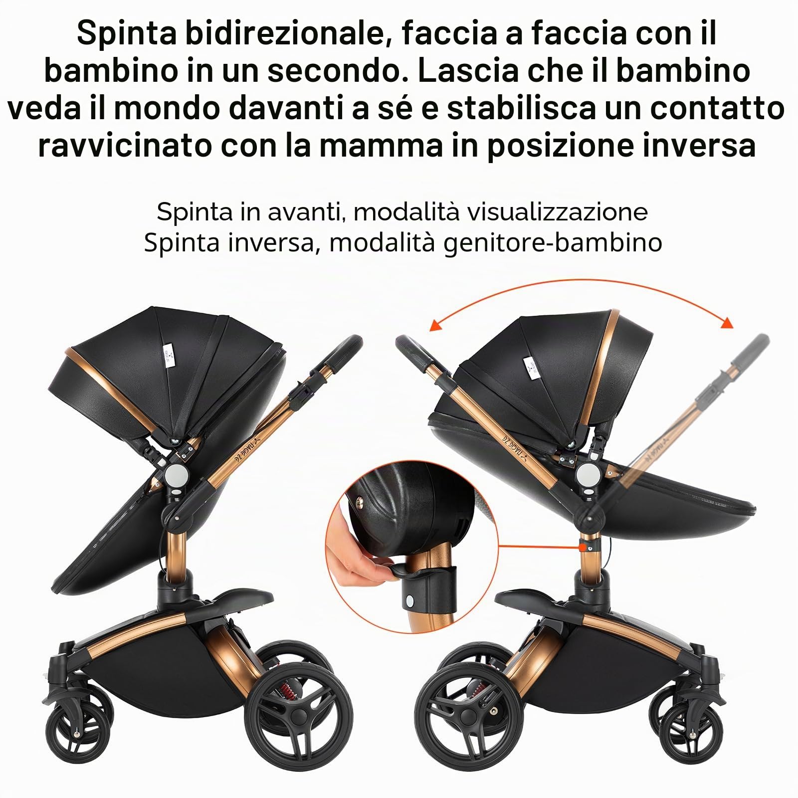 Magic ZC 360° Girevole Pelle PU Passeggino Trio 3 in 1 Reversibile a Due Vie per Neonati con Accessori (906 Black)
