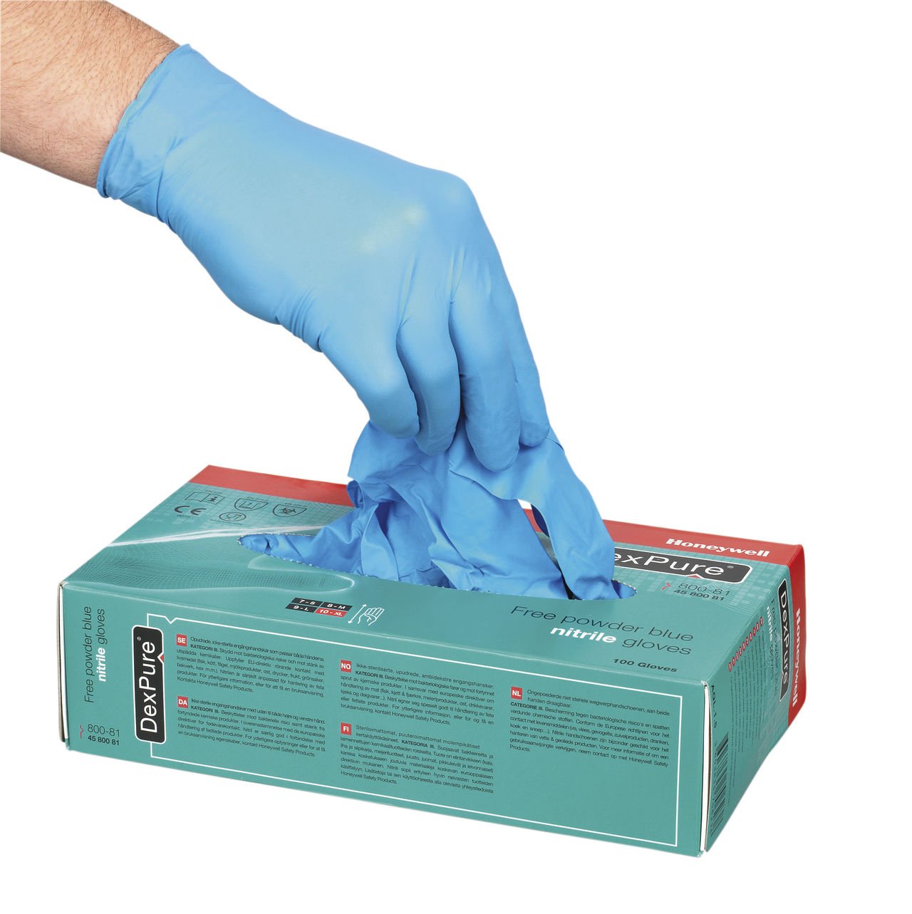 Honeywell DexPure 800-91 Guantes Desechables de Nitrilo con Polvo, Ambidiestros, Azul, 24 cm de Largo, Certificados para Contacto con Alimentos, Talla M, 4580091-M (Caja de 100 Guantes)