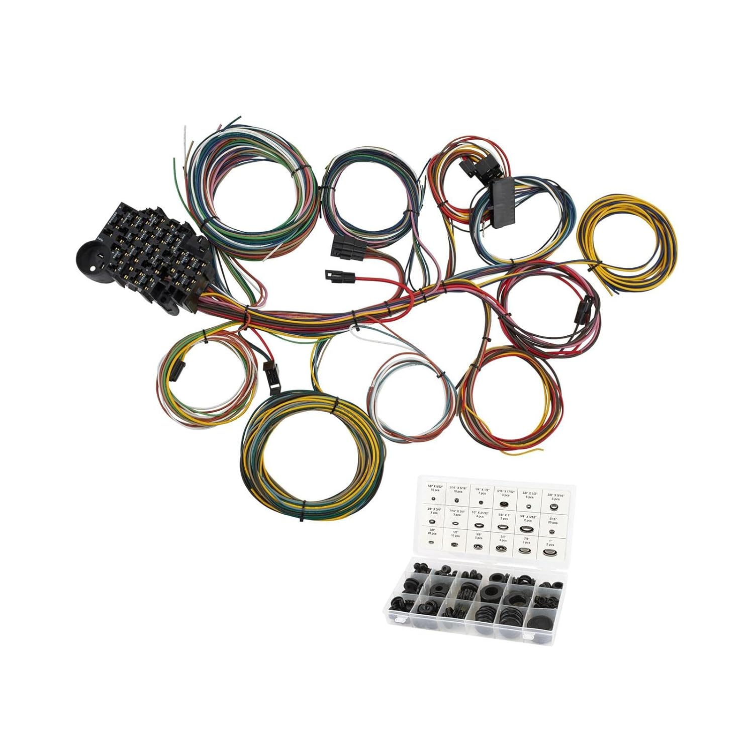Speedway 22-Circuit Universal Wiring Harness with Pre-Wired Tilt Column Plug and 125-Piece Grommet Kit, Color-Coded GXL Automotive Wire, Fuse Block with Detailed Instructions