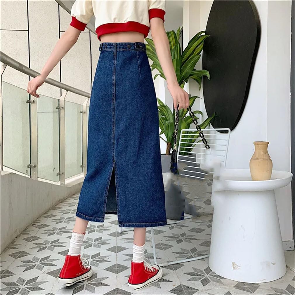 Jupe en jean mi-longue pour femme taille haute amincissante A-Line