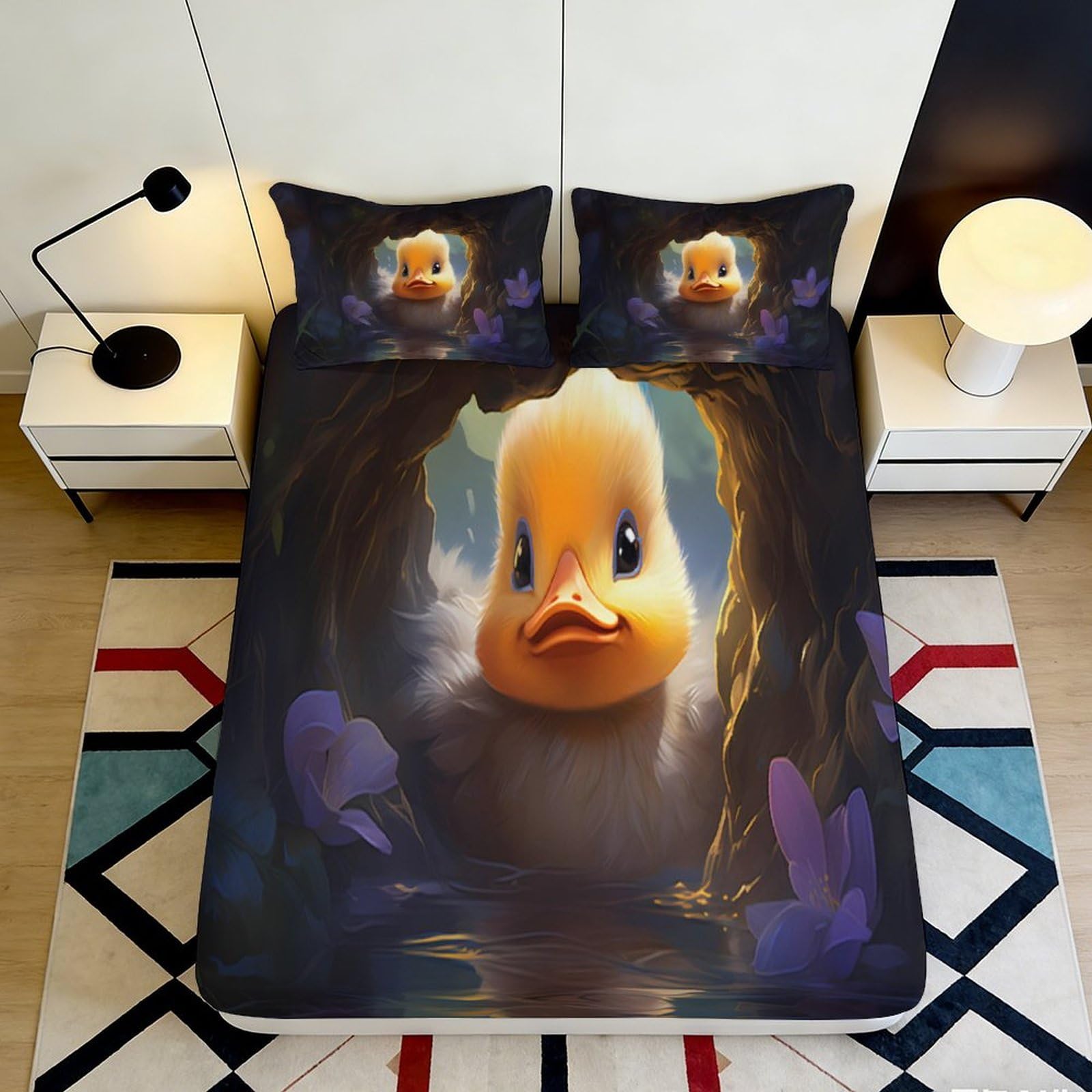 3D Printed Cute Duck Fitted Sheet Microfiber Soft Cartoon Pond Bed Cover for Bedroom Dorm Mattress Protector Decor 90x200x25cm