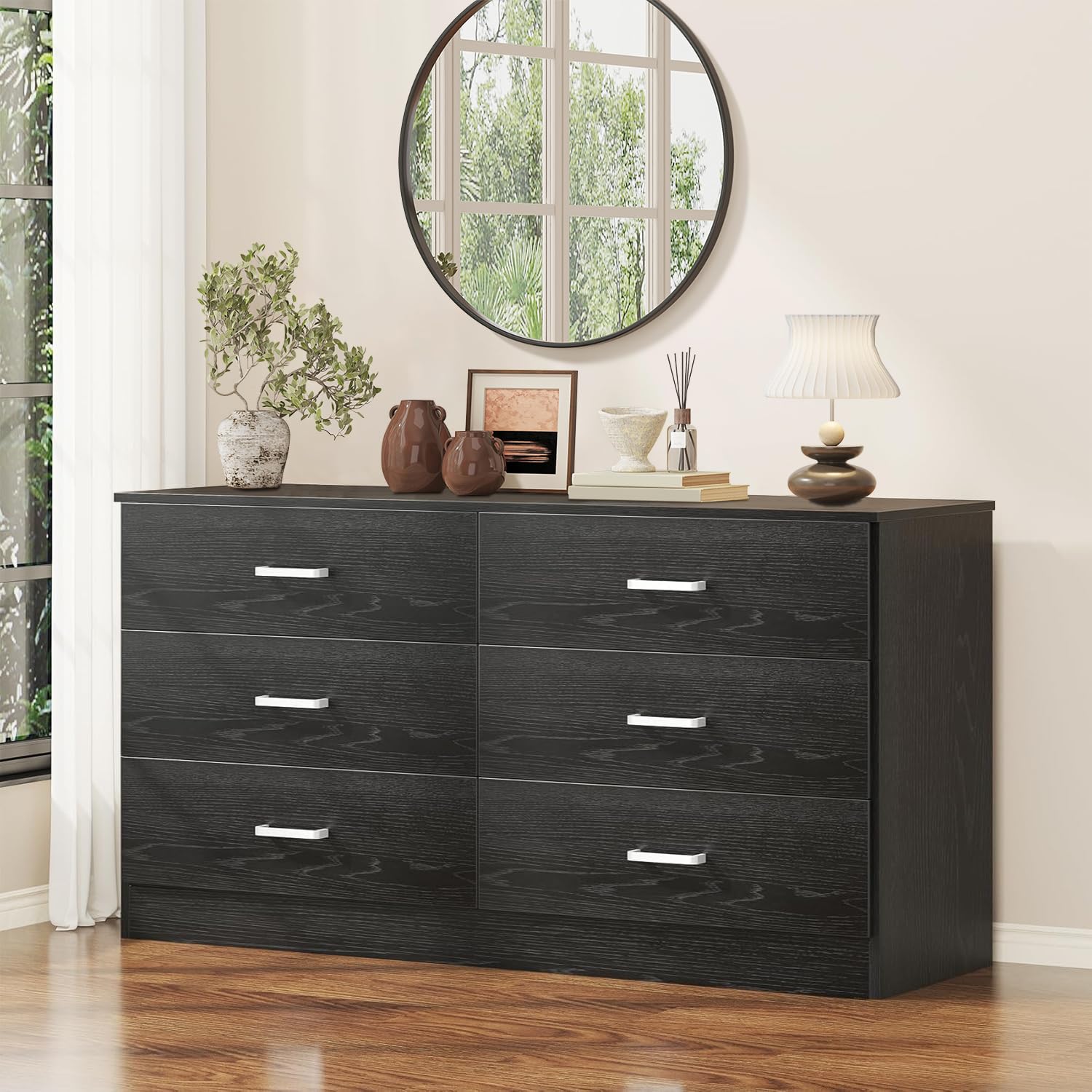 Bigbiglife Wood Dresser for Bedroom, 6 Drawer Double Dresser, Modern Chest of Drawers with Deep Drawers, Large Storage Organizer for Living Room, Closet (Black)